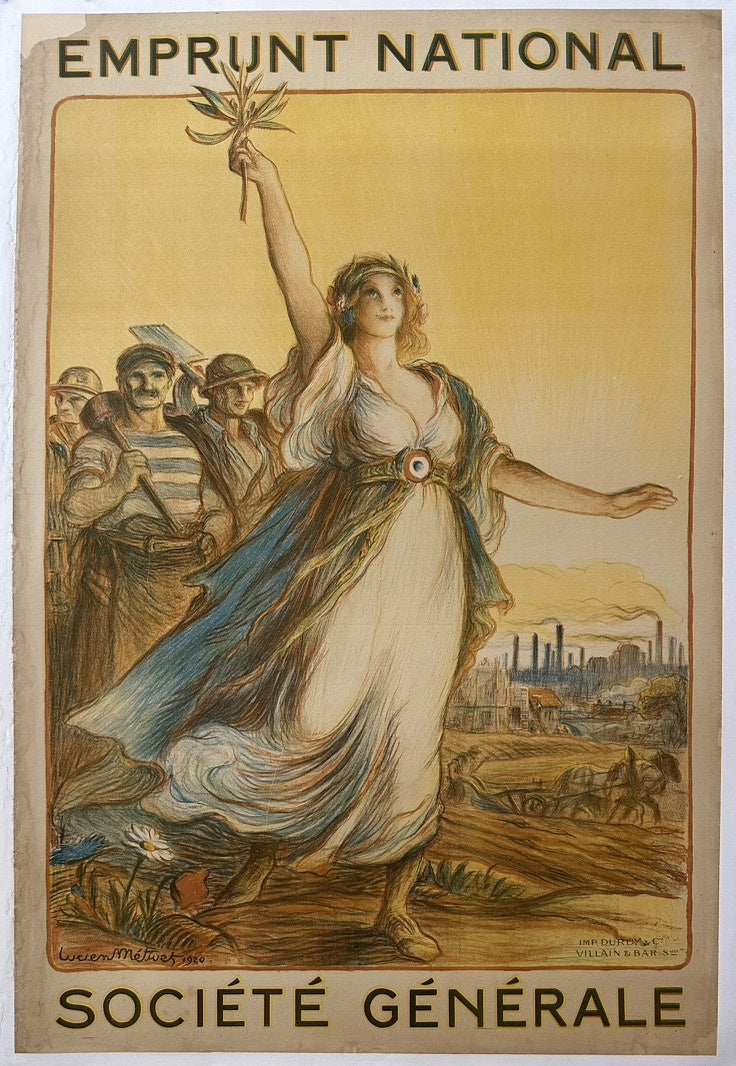 The poster features a prominent figure of Victory, holding an olive branch and leading a group of workmen, symbolizing the rebuilding of the nation.