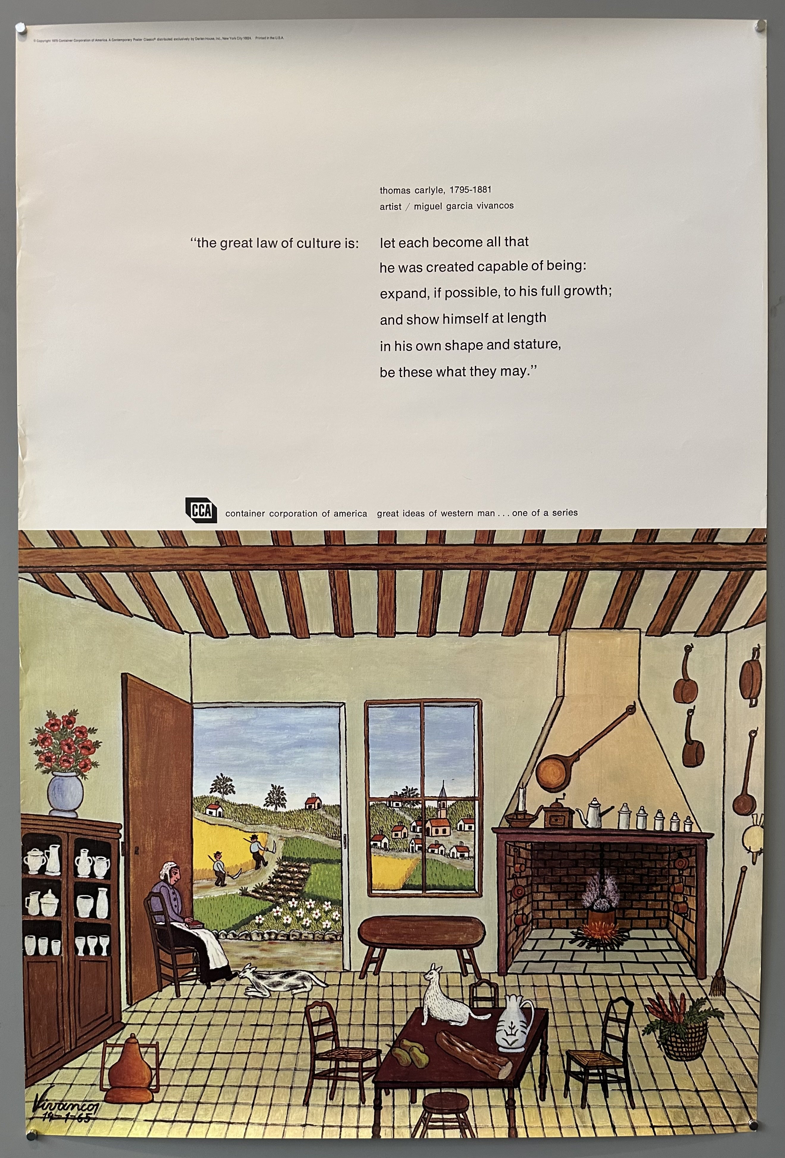 Poster from the Container Corporation of America's "Great Ideas of Western Man" series featuring a quote by Thomas Carlyle about the importance of individual growth and self-expression. The poster includes an illustration of a rustic interior with a person, a fireplace, and musical instruments.