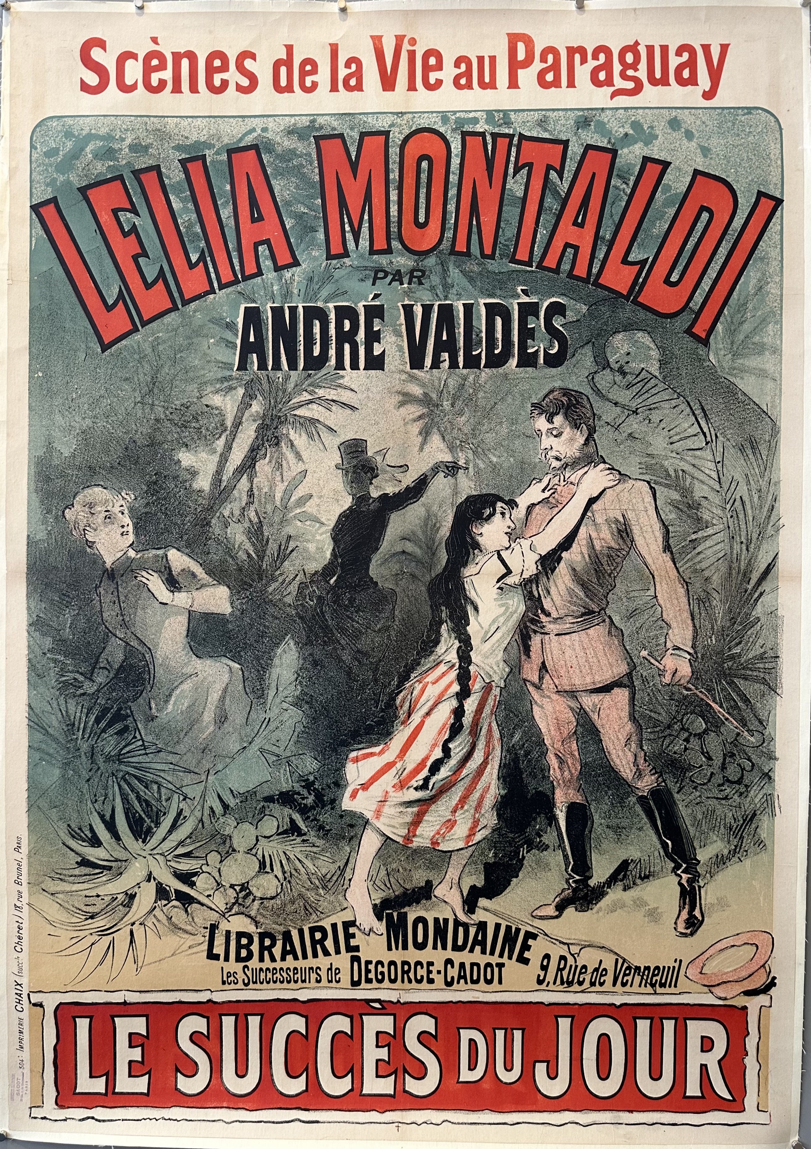 poster in the Art Nouveau style, advertising the book "Lelia Montaldi" by Andre Valdes. The poster features a woman in a red and white striped dress, embracing a man in a military uniform. The text above and below them is in french.
