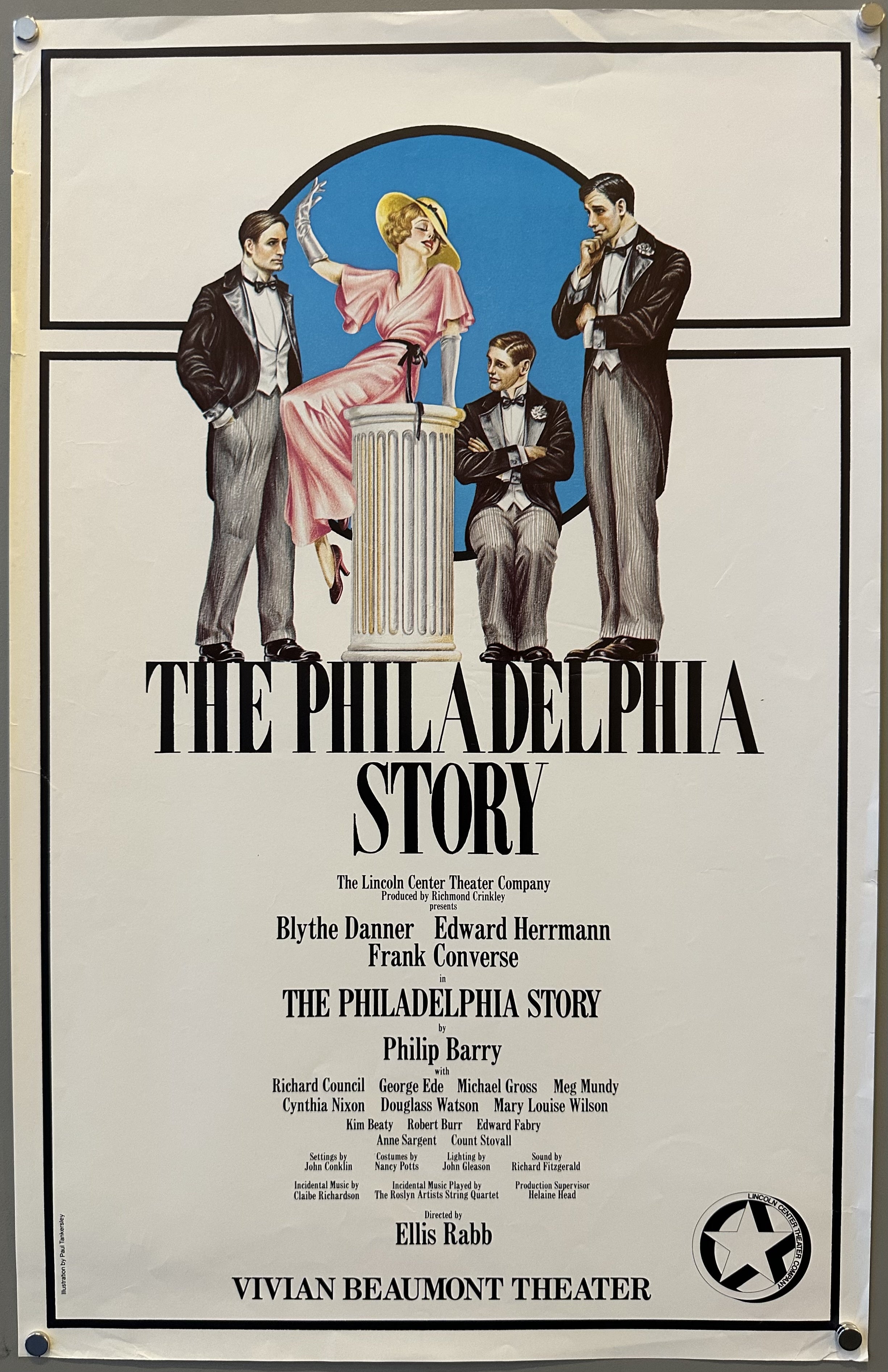 Illustration of characters from The Philadelphia Story against white background with black text about who stars and directed it below.