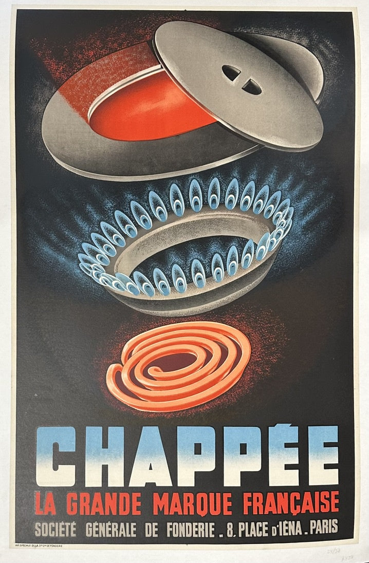 This vintage poster advertises Chappée, a French brand known for its stoves and household appliances. The poster features a graphic representation of a burner with flames and a pot, highlighting the product's function.