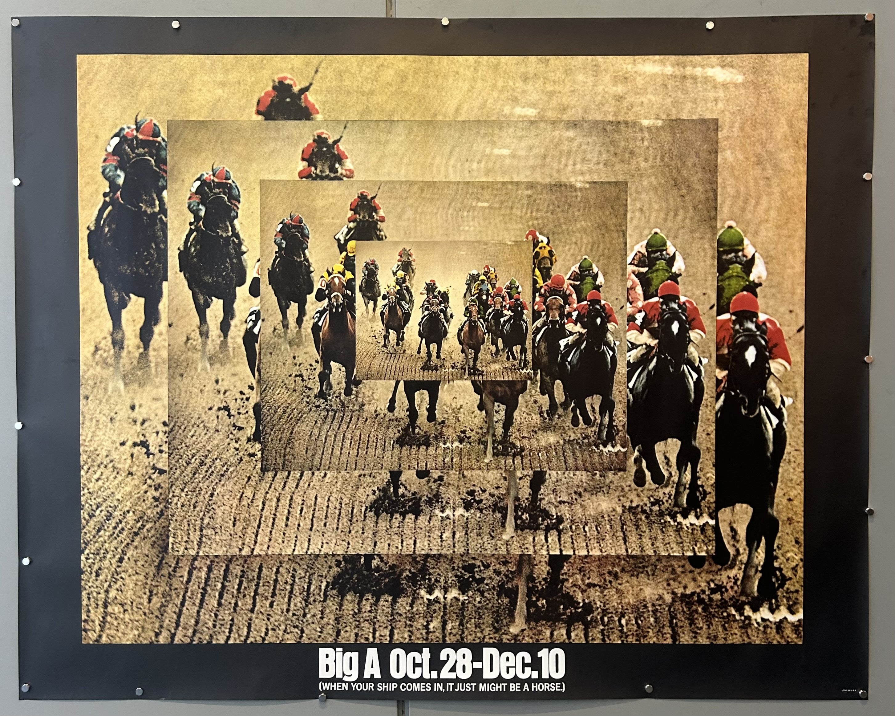 A vintage advertising poster for Aqueduct Racetrack, known as "Big A," featuring a dynamic, repeating image of racehorses and jockeys on a dirt track, creating a sense of motion and depth