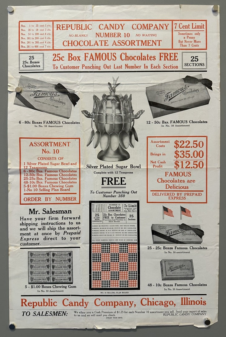An old advertisement poster for Republic Candy Company's Number 10 Chocolate Assortment. The poster features text and illustrations detailing the contents of the assortment, pricing, and a promotion.