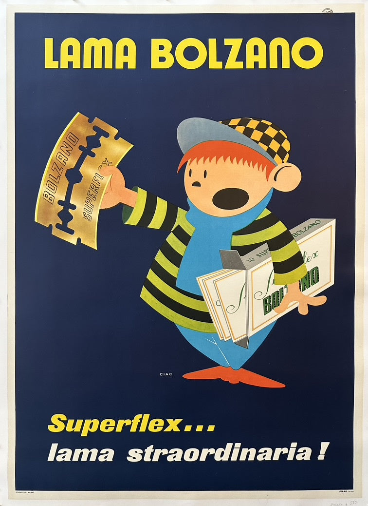 "Lama Bolzano" razor blades, featuring a character holding a "Superflex" blade.