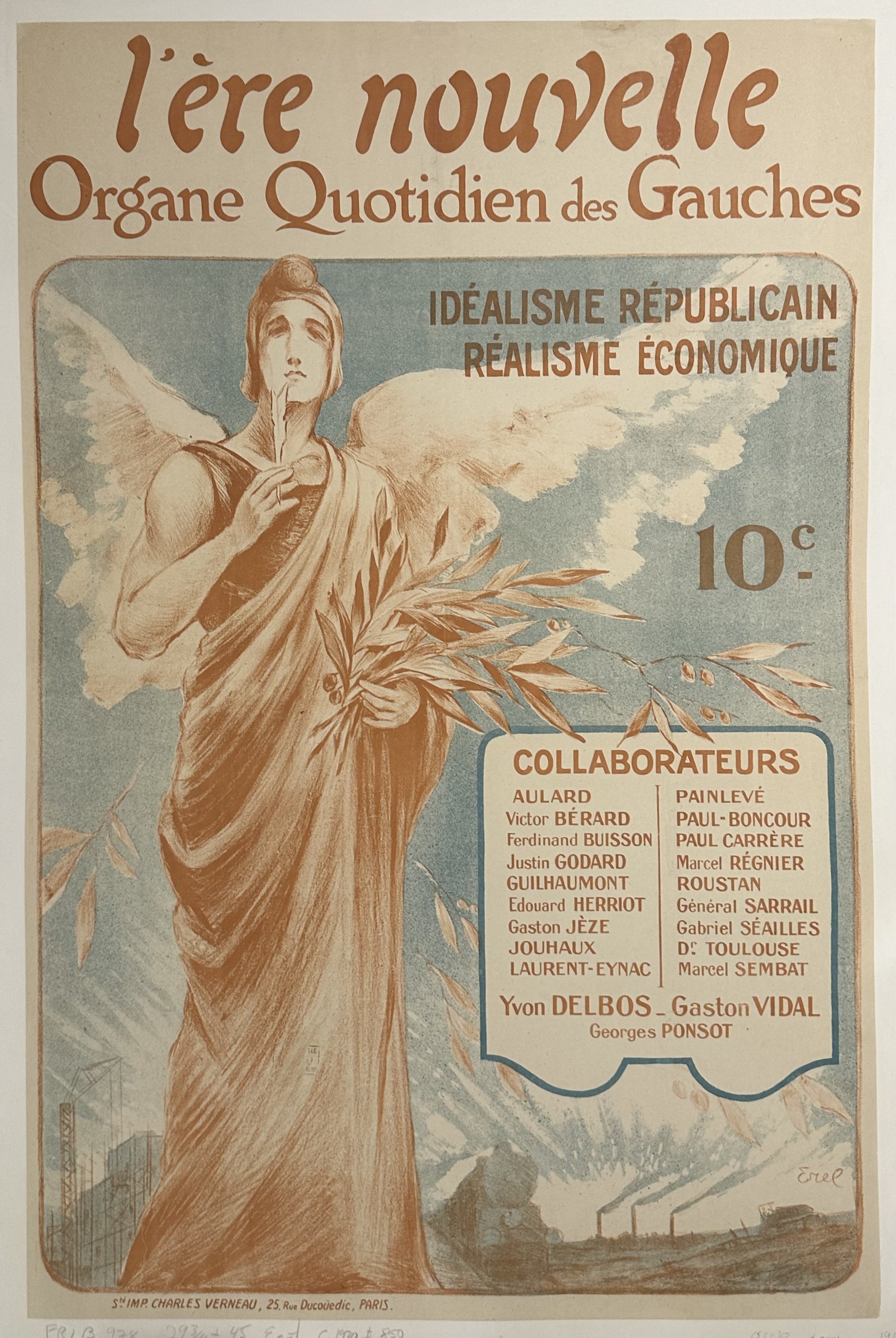 Large light blue and orange poster with gladiator/angel illustration promoting French lefist newspaper.