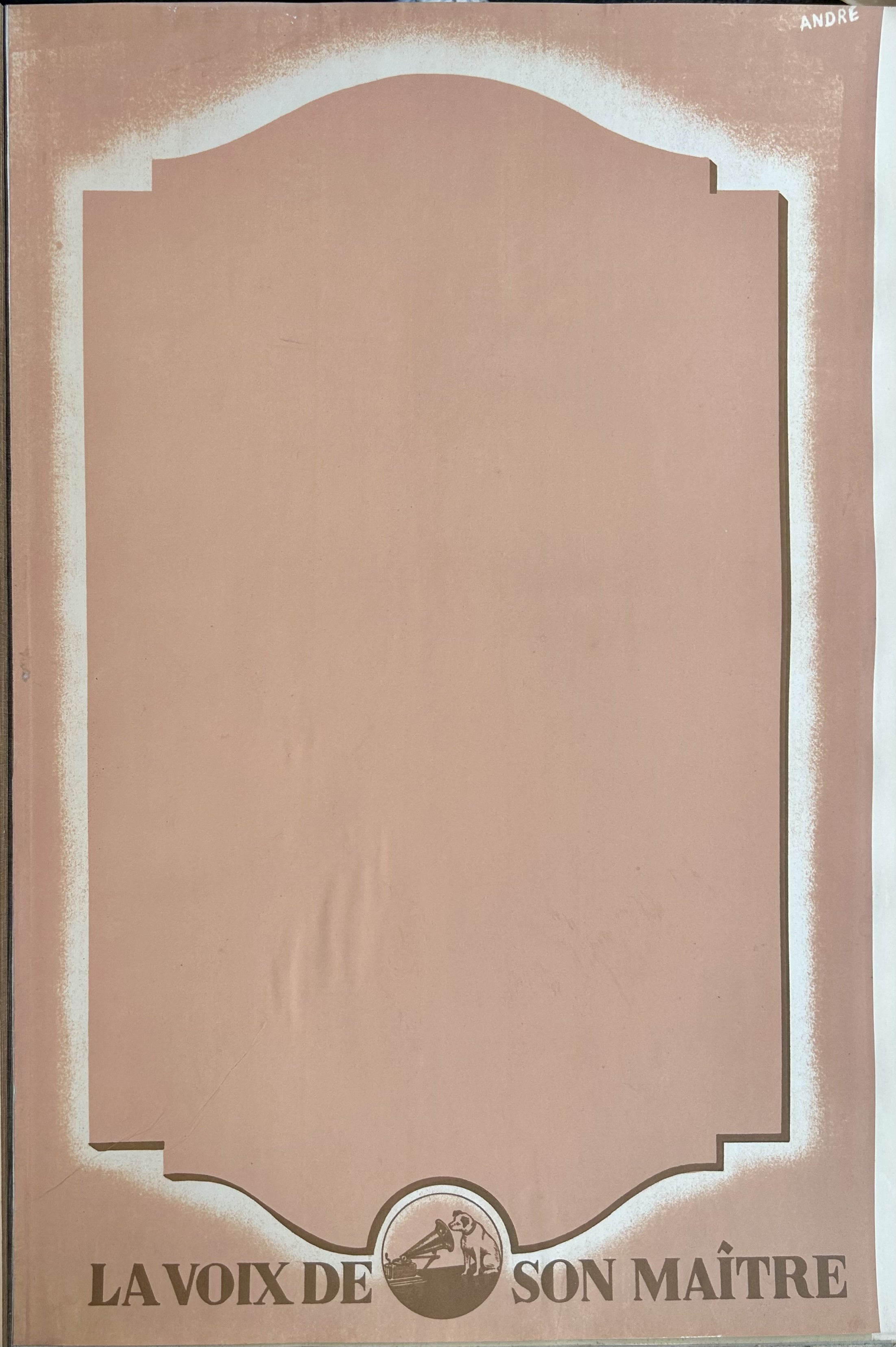 Blank print proof for musical company with text along bottom and white shadow around ornate border where text would eventually go.