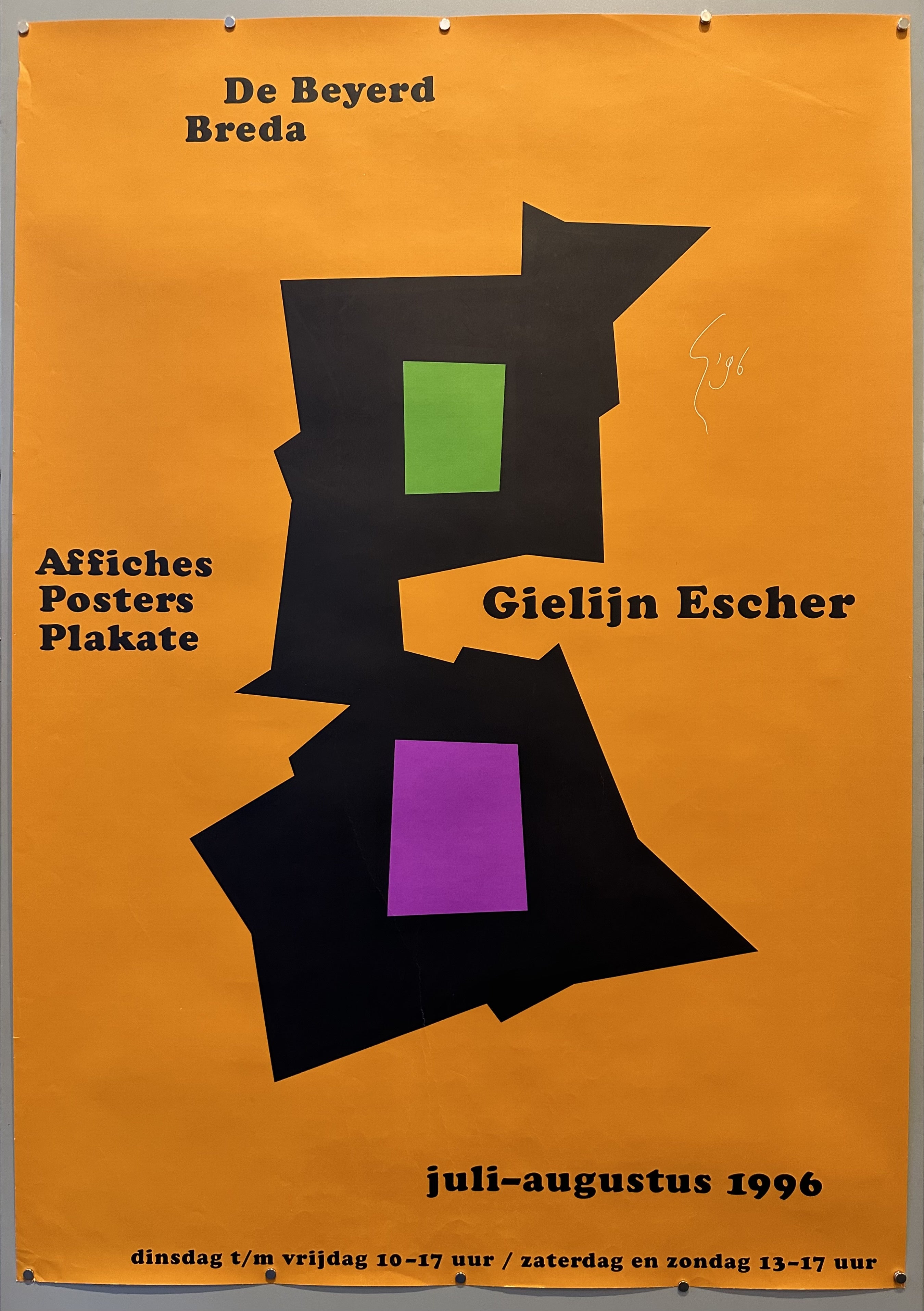 Orange poster with black abstract shape in the middle by Gielijn Escher to promote an exhibition of his work at De Beyerd Breda.