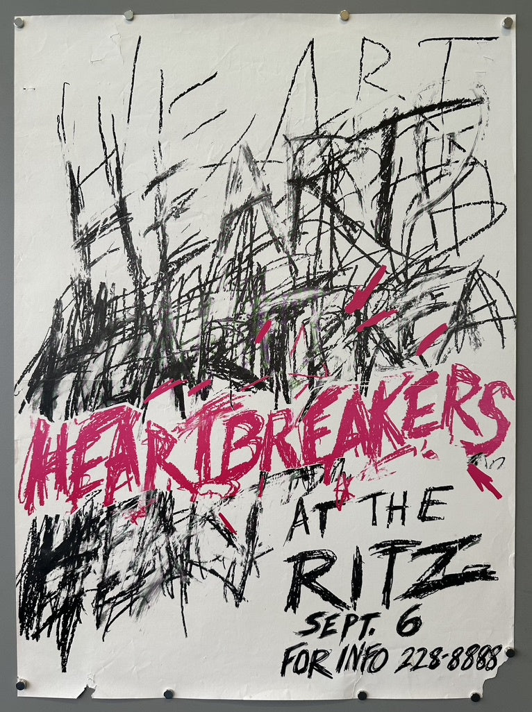 A concert poster for "HEARTBREAKERS AT THE RITZ SEPT. 6 FOR INFO 228-8888," featuring a chaotic, scribbled design with "HEARTBREAKERS" in prominent pink text