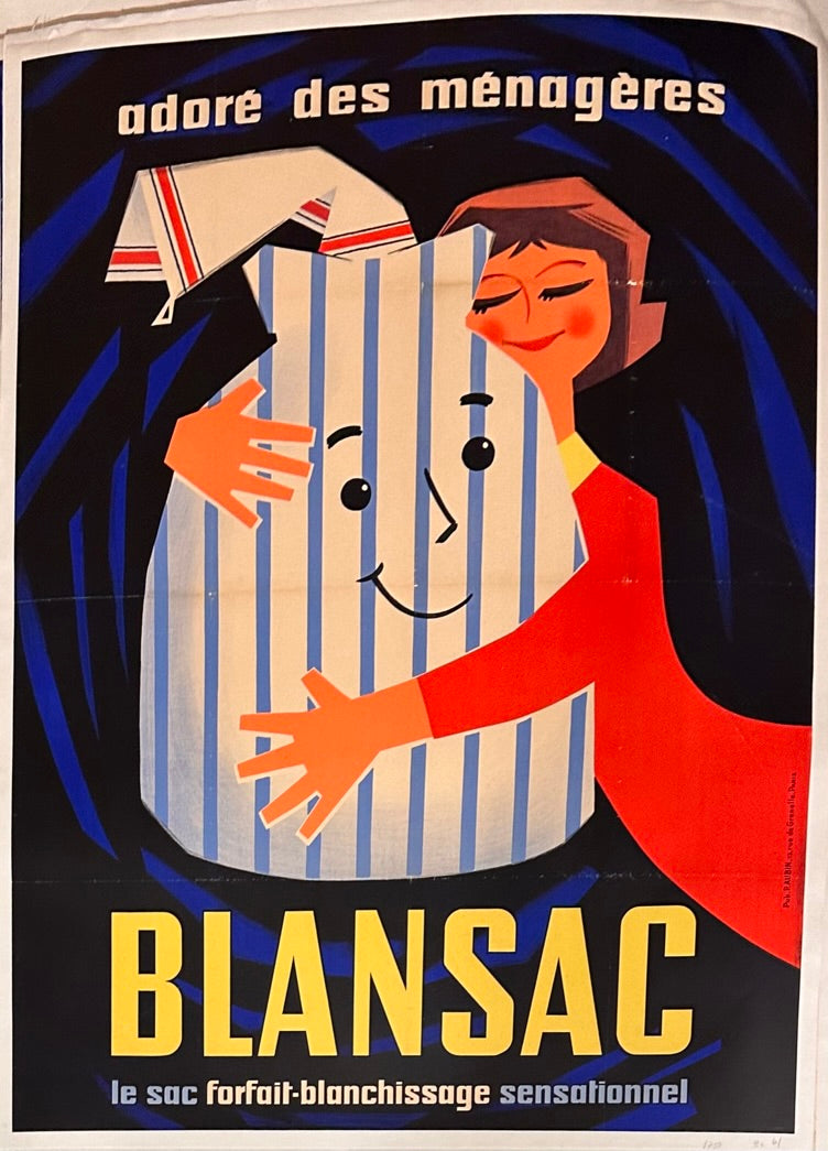 Women wearing a red dress, holding striped bag, with the text  "Blansac."