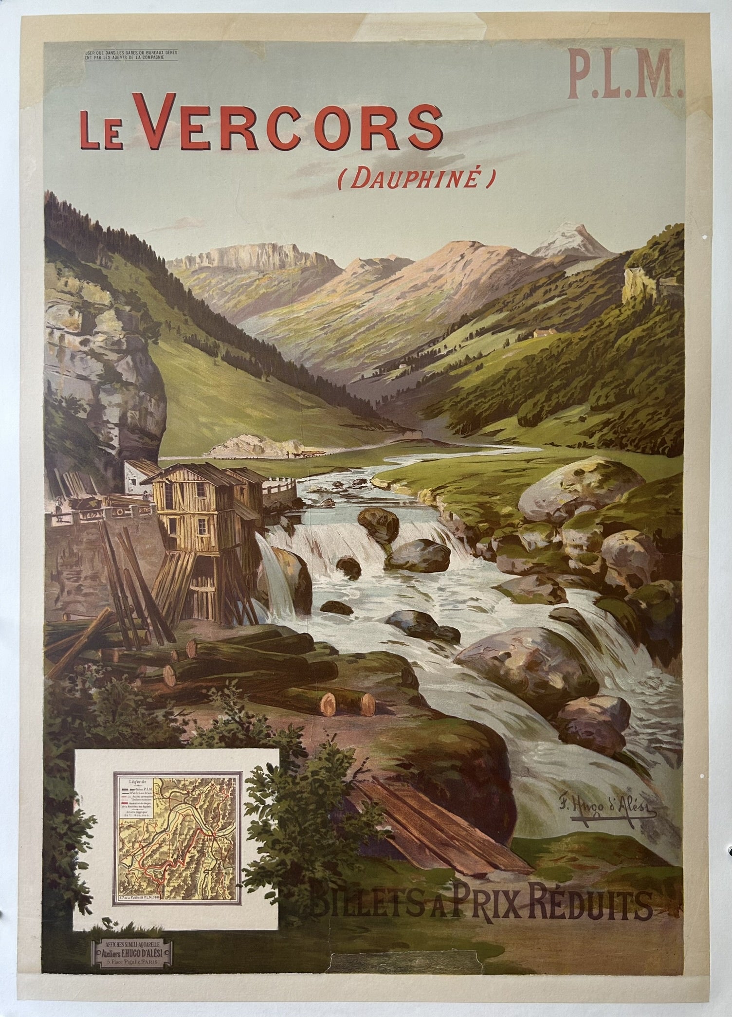 The poster was created by Frederic Hugo d'Alési for the PLM (Paris-Lyon-Méditerranée) railway company, promoting travel to the Vercors region of France.