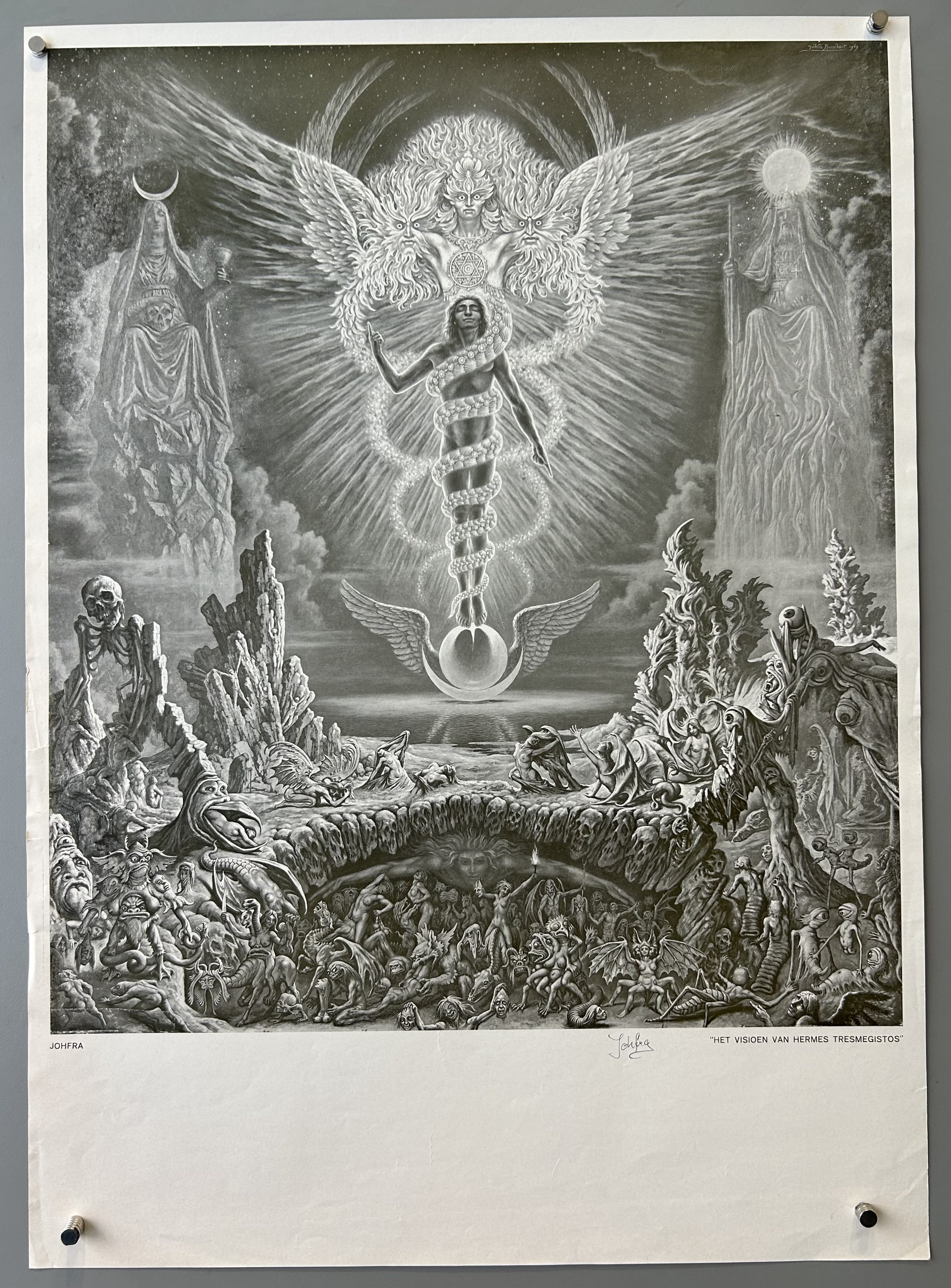 Black and white of a fantasy, an illustration of a god like man in the middle
