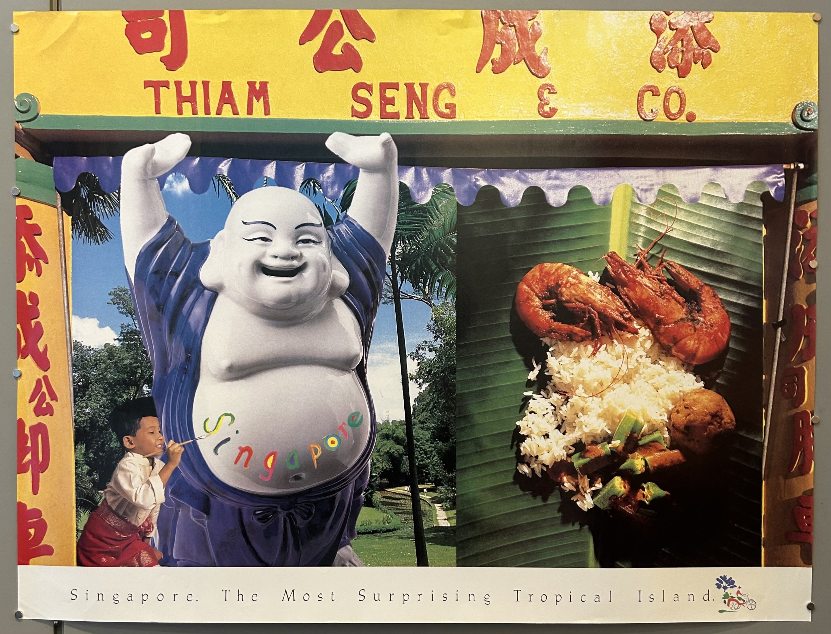 Singapore Tourism Board travel poster featuring a smiling Buddha with child painting on it and shrimp and rice photo to the right.