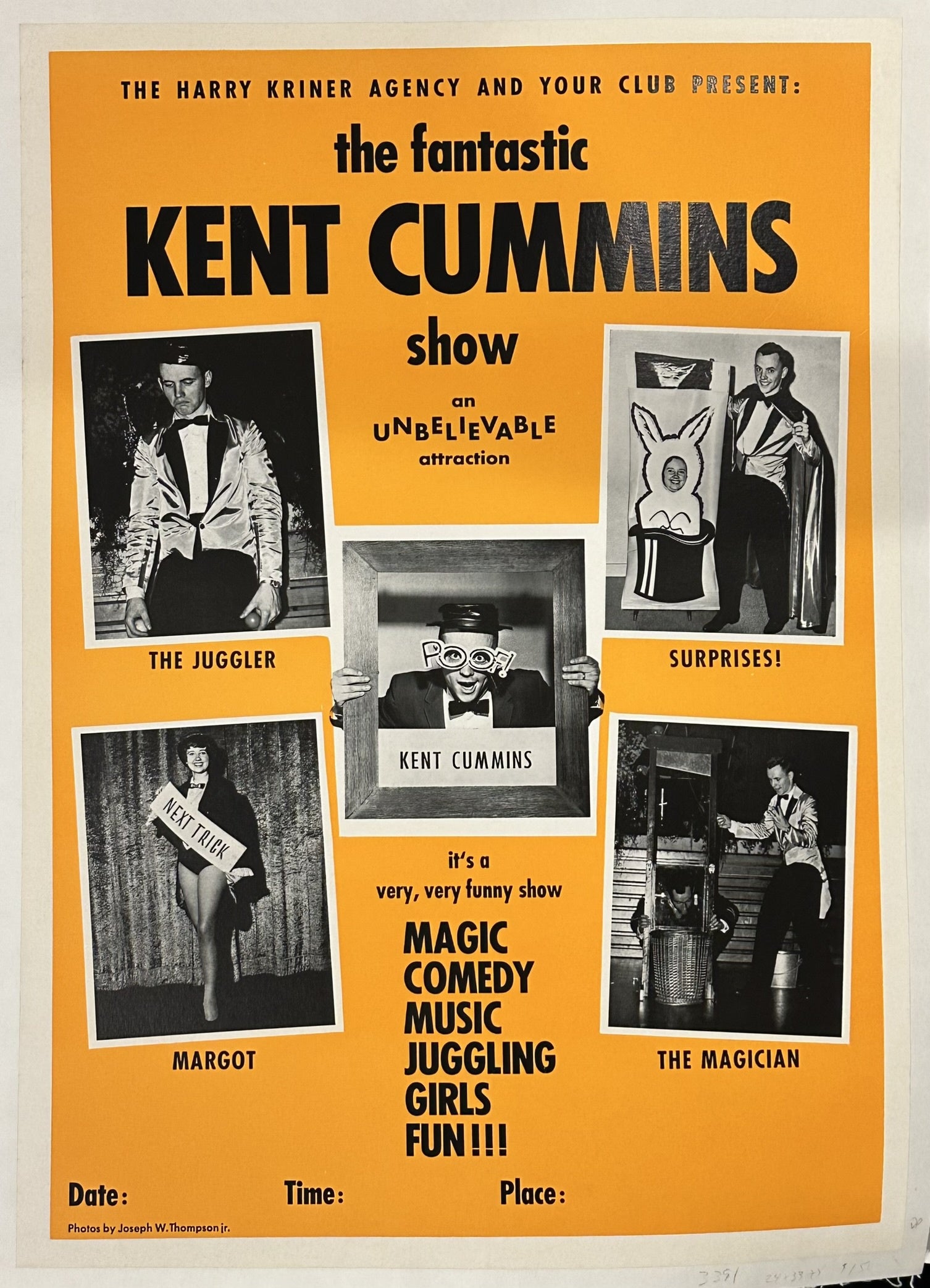 The poster highlights that the show features magic, comedy, music, juggling, and includes "girls" (referencing Margot, who performs a "NEXT TRICK").