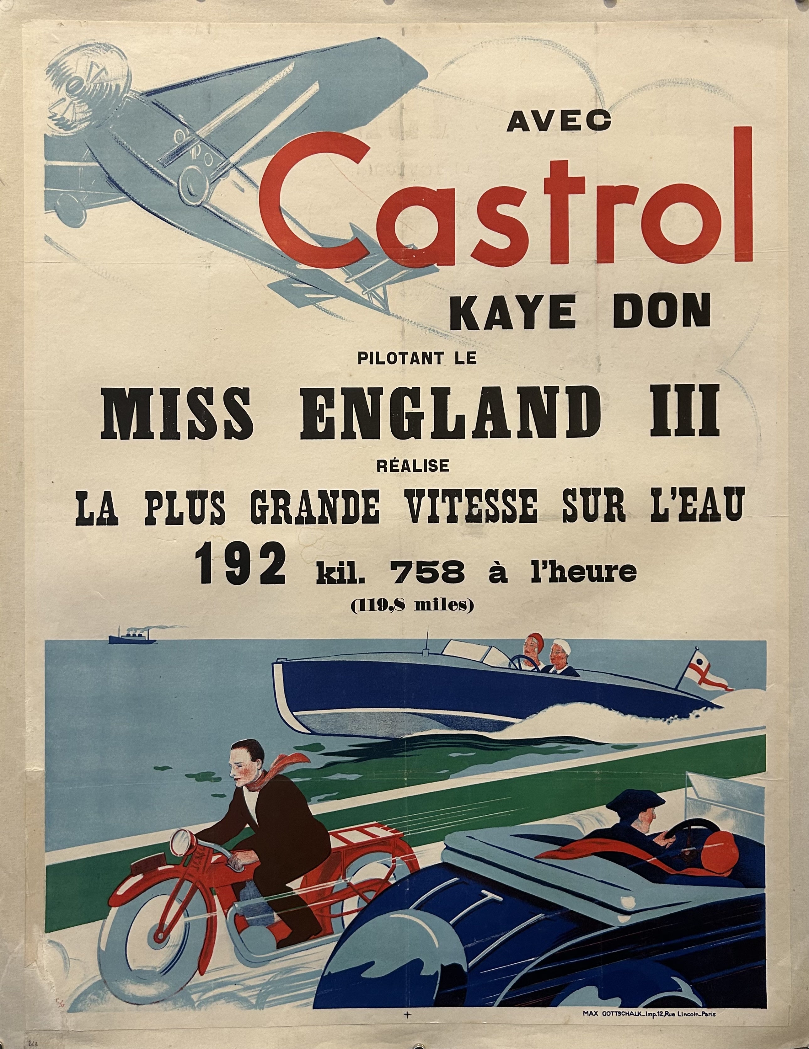 Black and red text promoting 'Castrol' with a plane above and a boat, motorcycle, and car driving side-by-side below