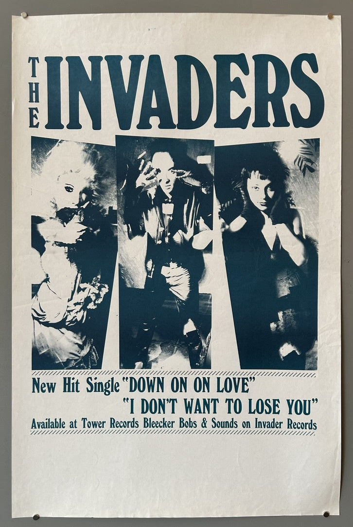 "THE INVADERS" featuring three band members in black and white portraits