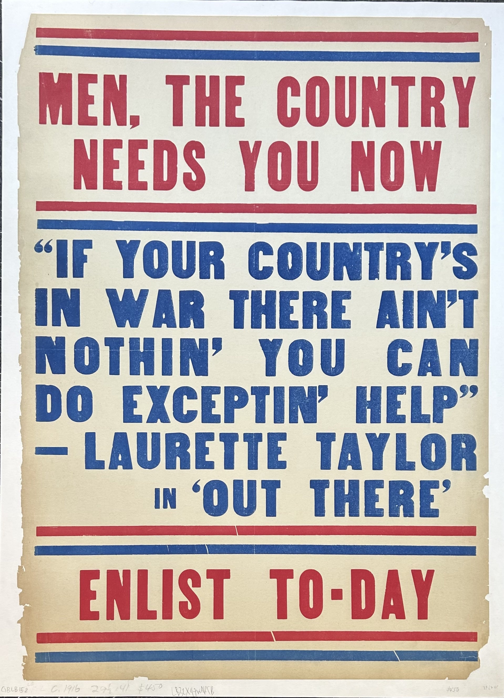 men to enlist with the text 'Men, the Country Needs You Now' and a quote about helping in wartime