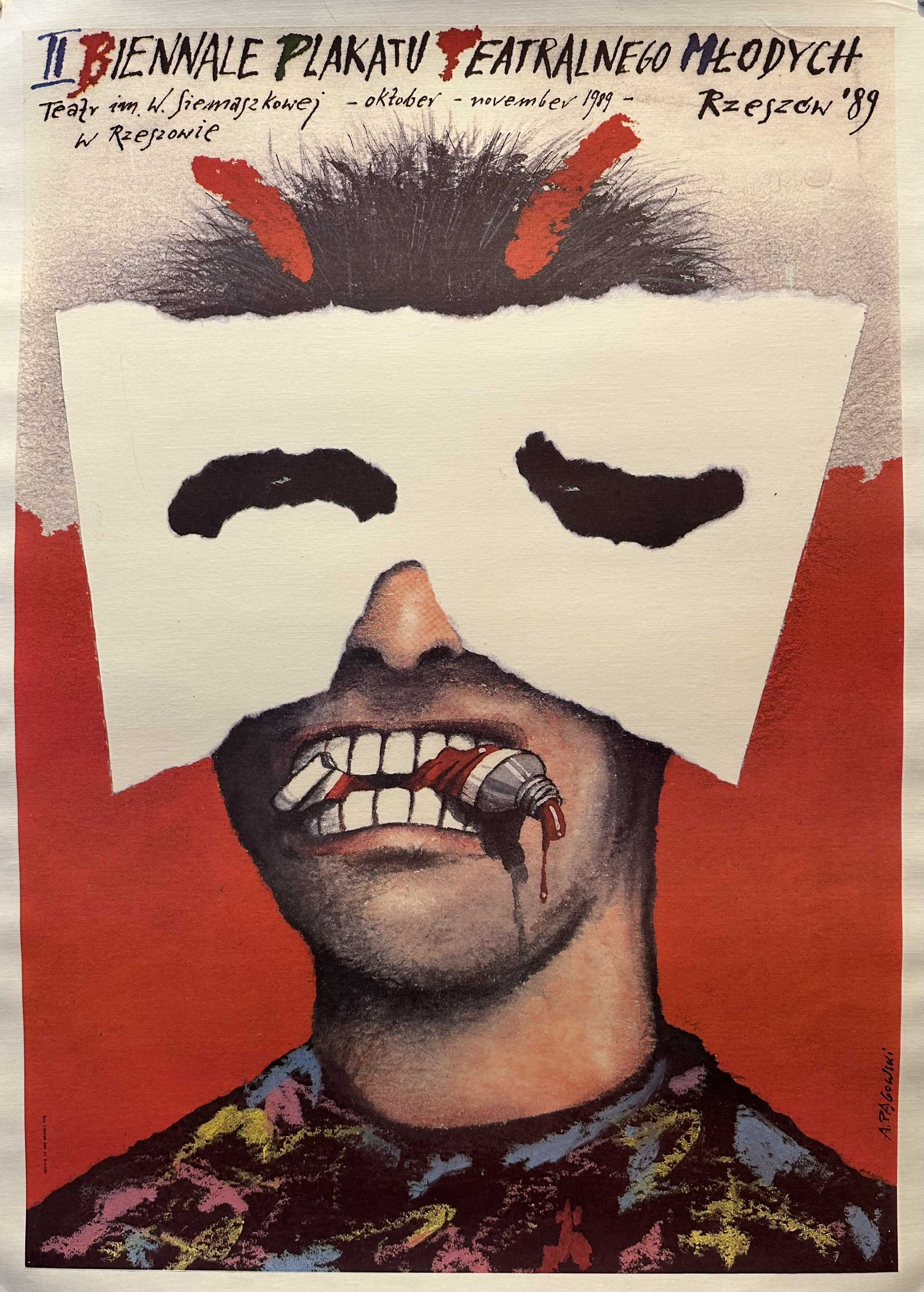 A poster for the II Biennale Plakatu Teatralnego Mlodych (2nd Biennial of Young Theater Posters) in Rzeszow, Poland, 1989. It features a stylized face with a white mask covering the eyes.