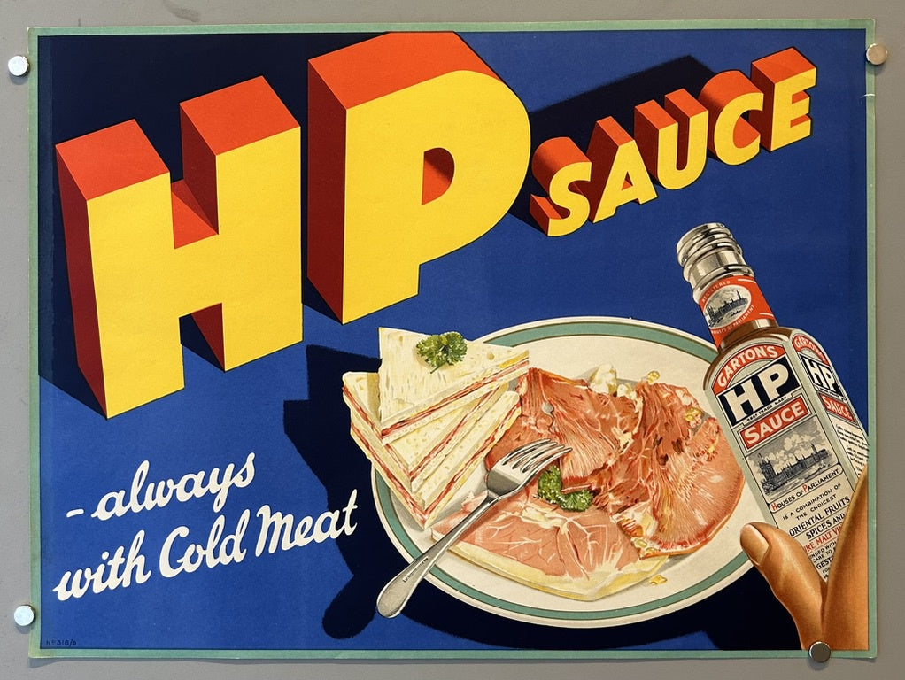This vintage advertisement for HP Sauce features a vibrant and eye-catching design. The words "HP Sauce" are prominently displayed in large, bold, three-dimensional letters, with "HP" in yellow and "SAUCE" in red.