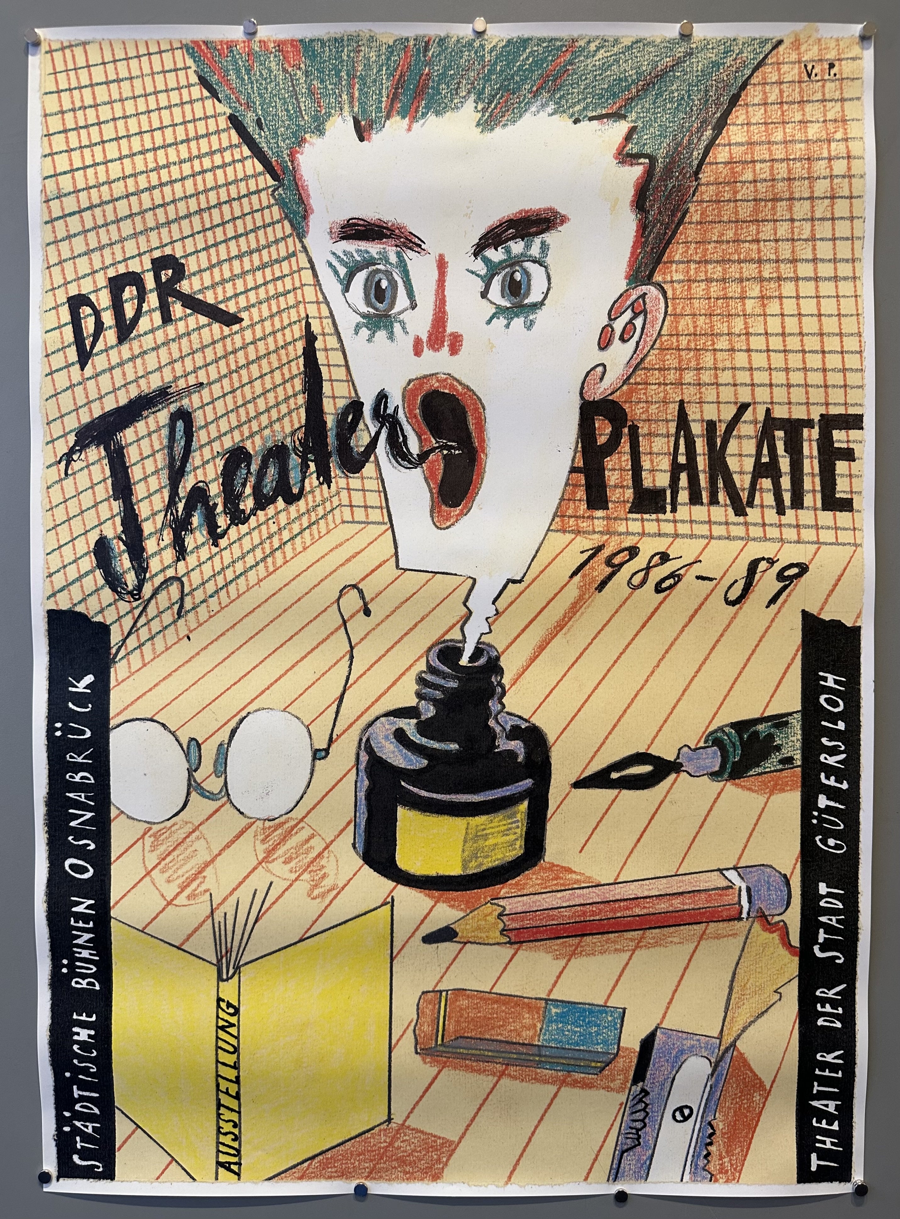 Advertising an exhibition of East German (DDR) theater posters from 1986-1989, held at the Städtische Bühnen Osnabrück and Theater der Stadt Gütersloh. The poster features a colorful illustration of a face with an open mouth, surrounded by art supplies.