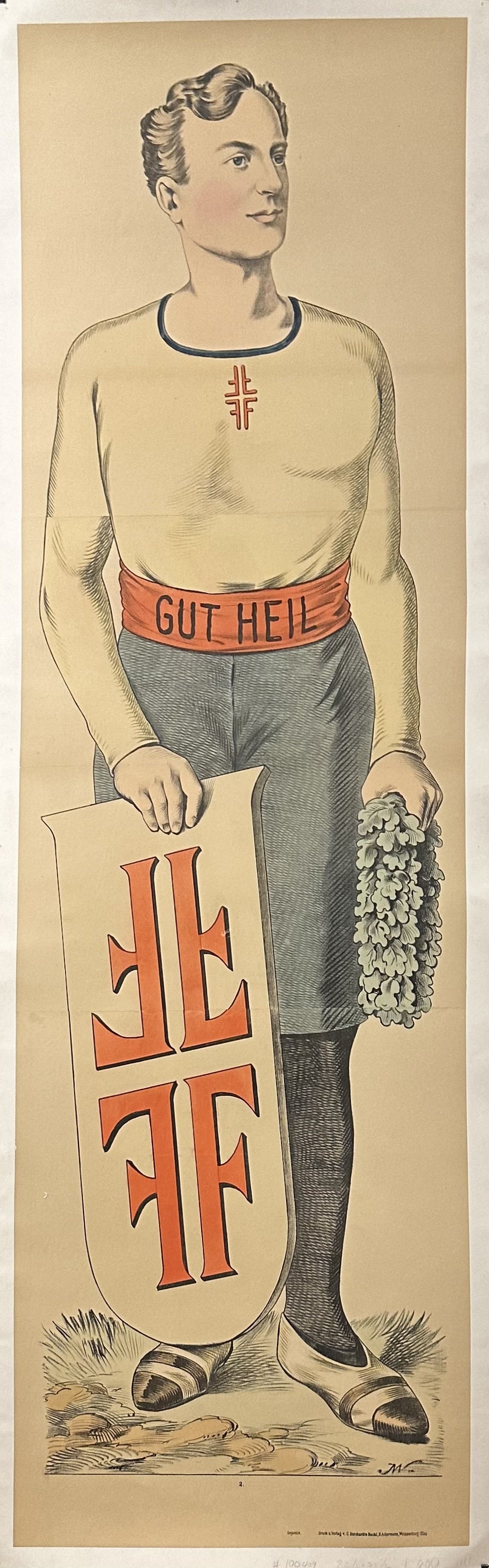 A vintage image of an athletic man wearing a waistband and holding a Laurel wreath. The waistband features the German text, "Gut Heil".