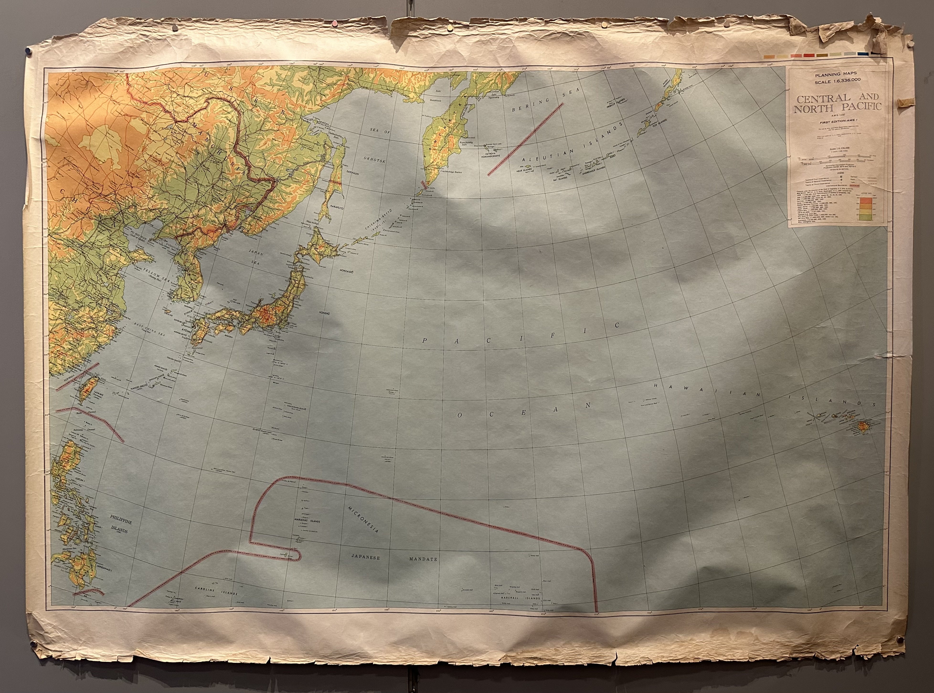 Map of the Pacific Ocean and surrounding land used for planning purposes during WWII.