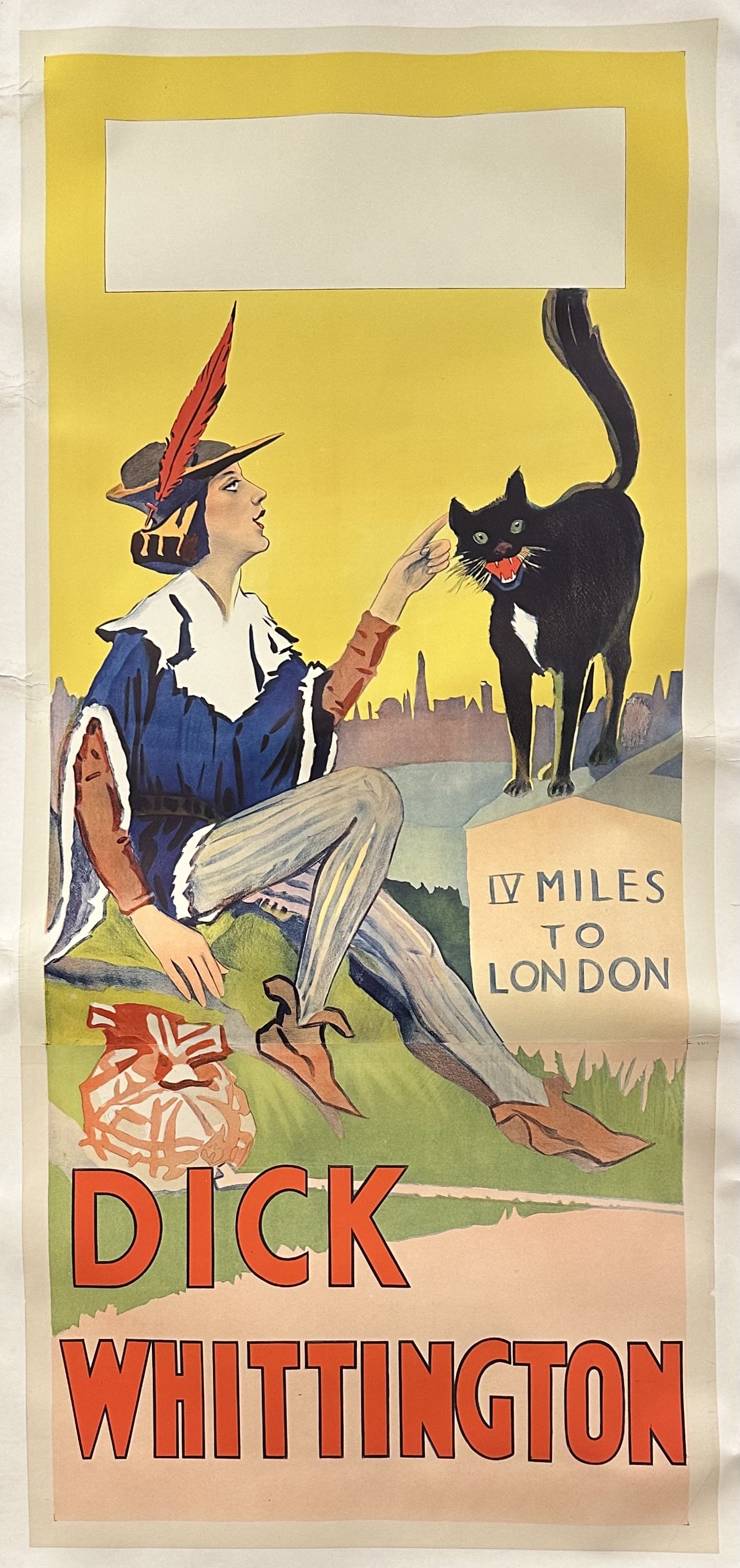 Illustration of Dick Whittington dressed as a jester petting a cat.