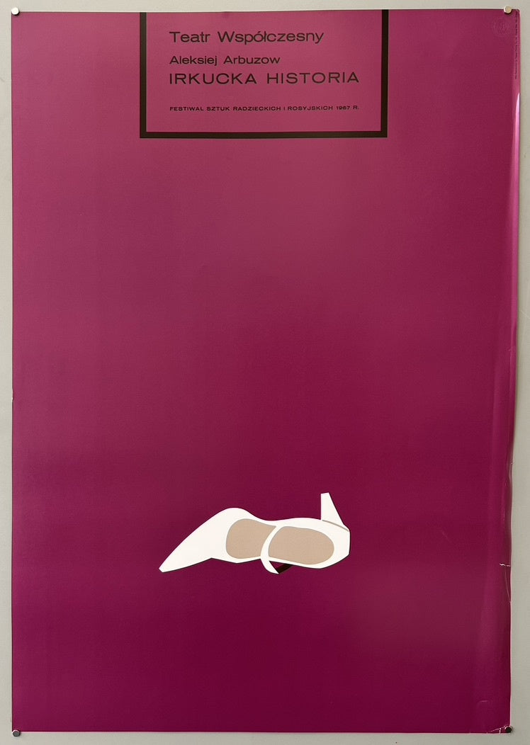 The poster features a minimalist design with a stark pink background and a stylized illustration of two shoes at the bottom, likely symbolizing a relationship or journey central to the play's theme.