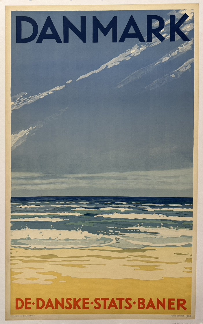 The poster is a vintage travel advertisement for Denmark, specifically promoting travel via "De Danske Stats Baner" (The Danish State Railways)