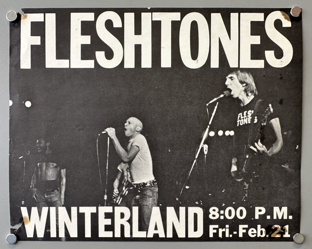 A black and white concert poster for "FLESHTONES" at "WINTERLAND" on "Fri.-Feb.21" at "8:00 P.M." The image features three band members on stage, two at microphones and one with a guitar.
