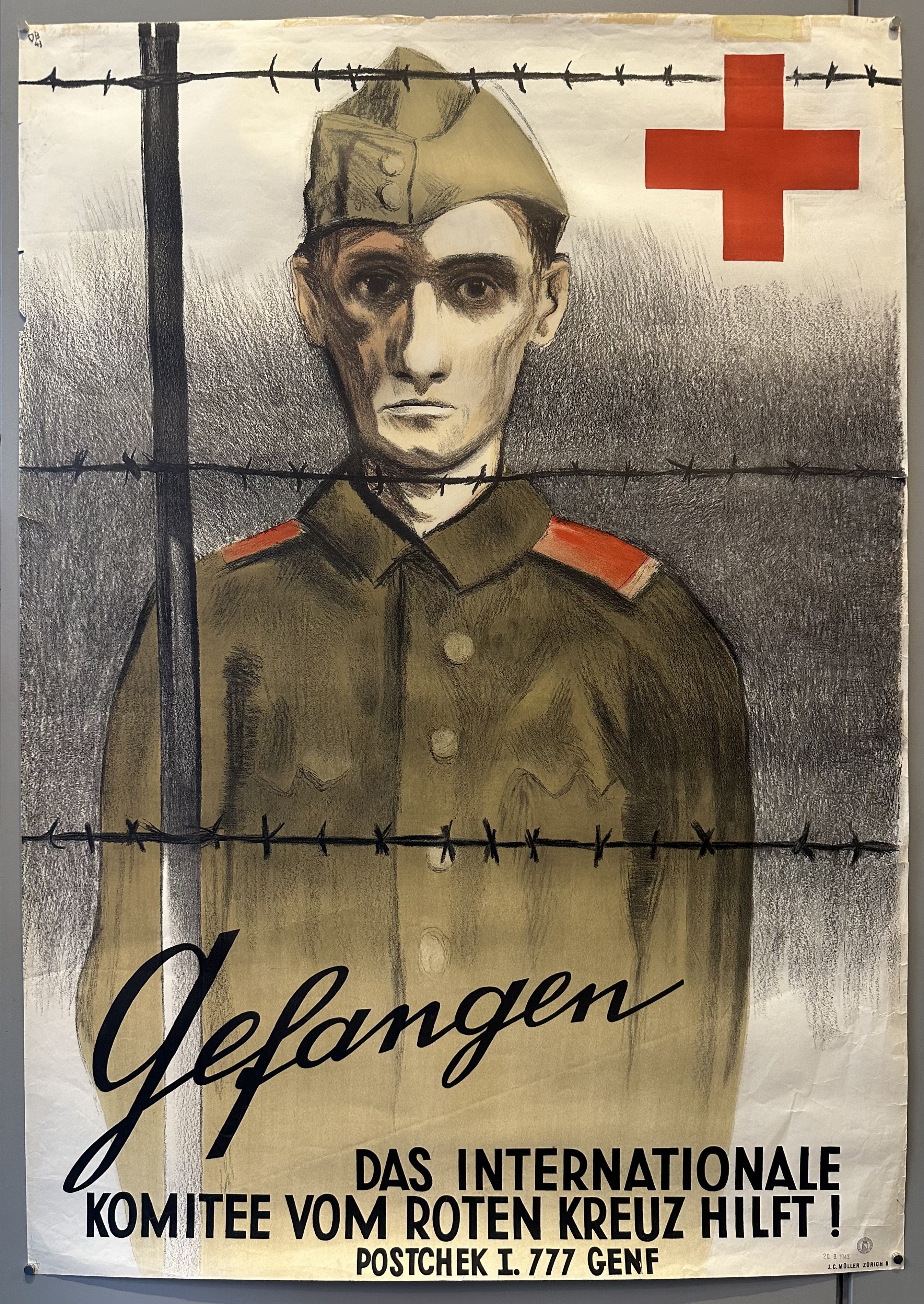 Illustration of a hollow-faced soldier standing behind barbed wire with the red cross symbol above him.