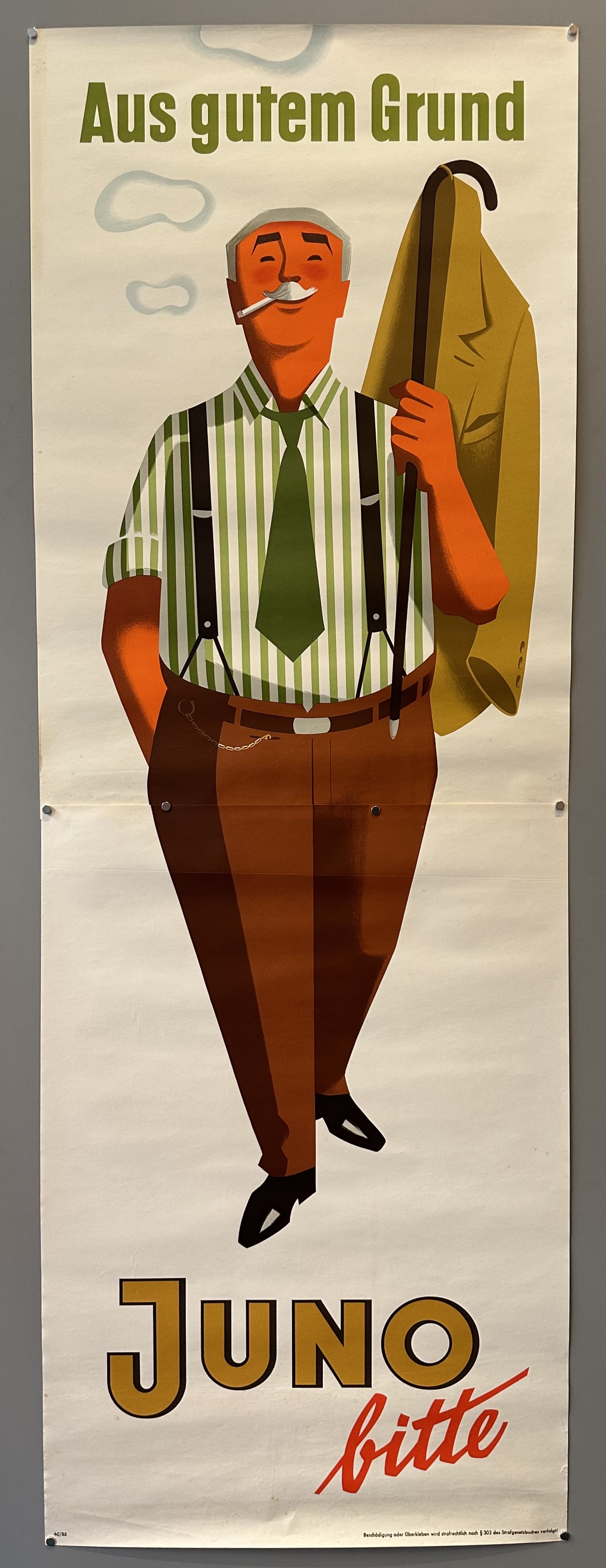Vintage cigarette ad featuring illustrated man using his cane to hold his overcoat up while he smokes a cigarette, against white background with green, gold, and red text.