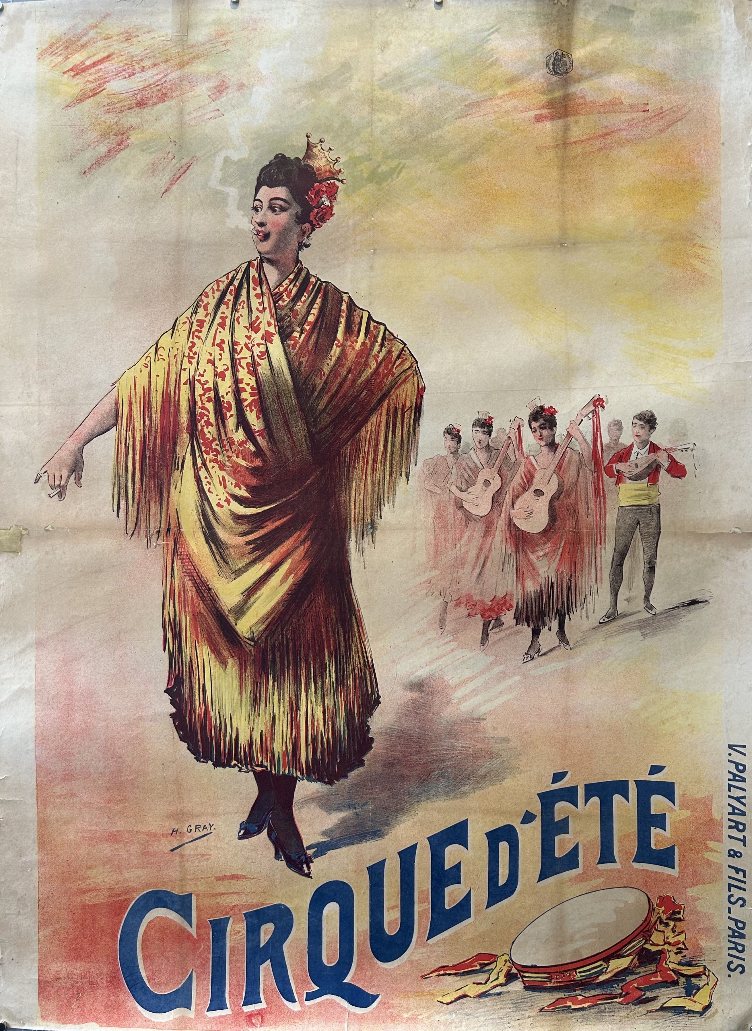 A vintage poster for the Cirque d'Été (Summer Circus) featuring a woman in a vibrant dress and a crown standing in front of a group of musicians playing guitar, tambourine, and other instruments. The text reads "Cirque d'Été" and "V. Palyart & Fils. Paris".