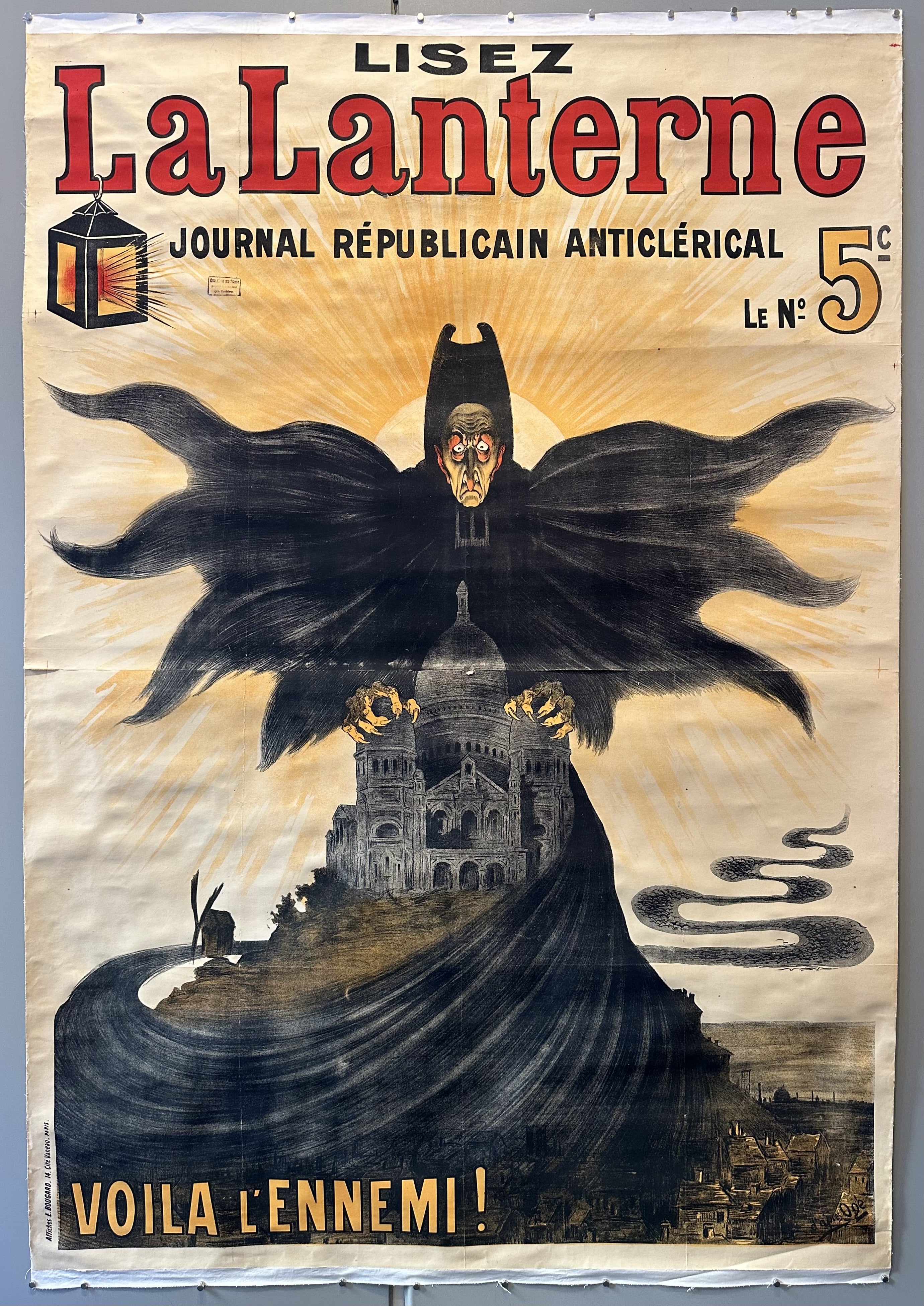 A vintage poster for the French newspaper "La Lanterne," which translates to "The Lantern." The poster features a dark, ominous figure in a hooded robe, towering over a cityscape.