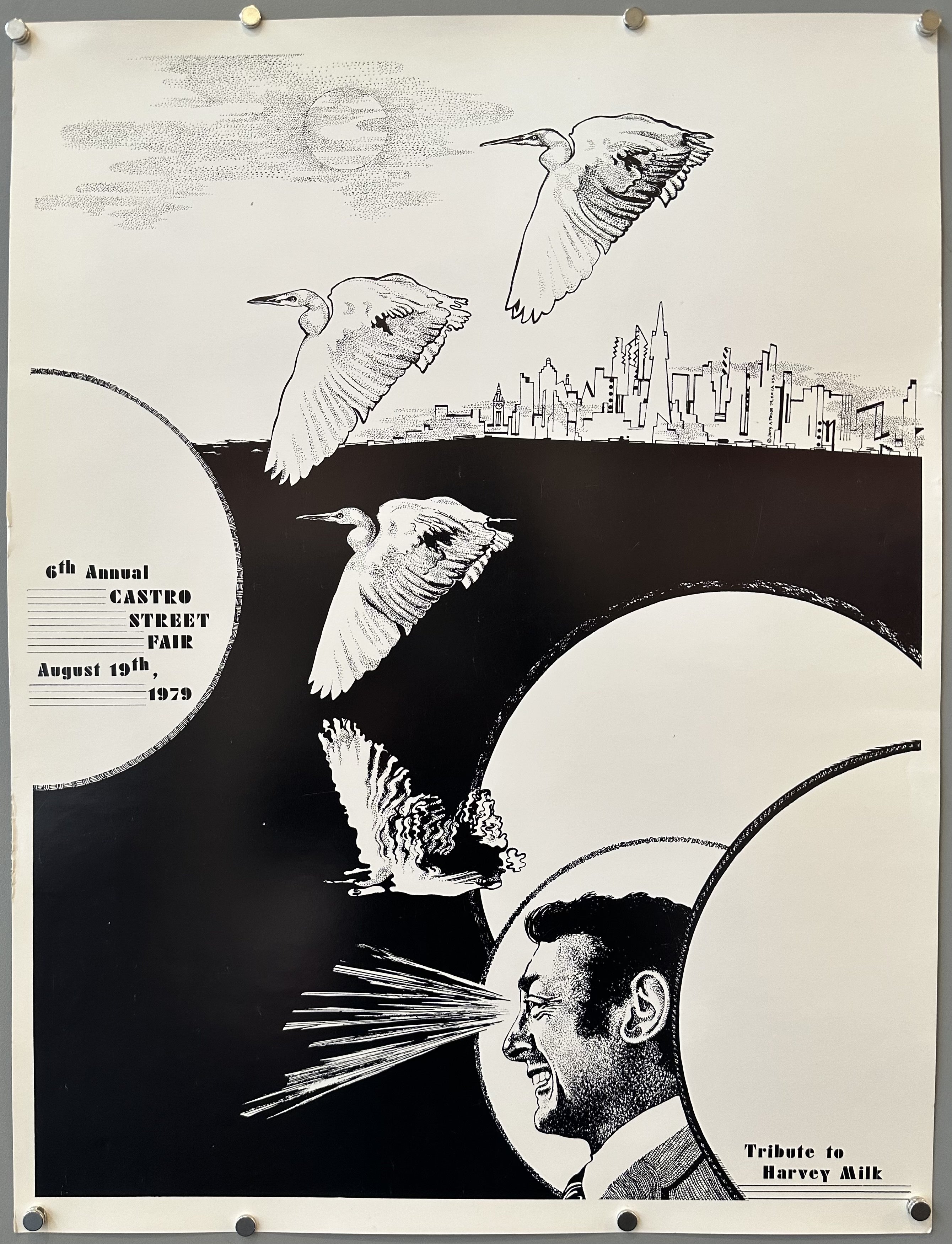 Black and white poster with SF skyline an pelicans flying above with a portrait of Harvey Milk along the bottom.