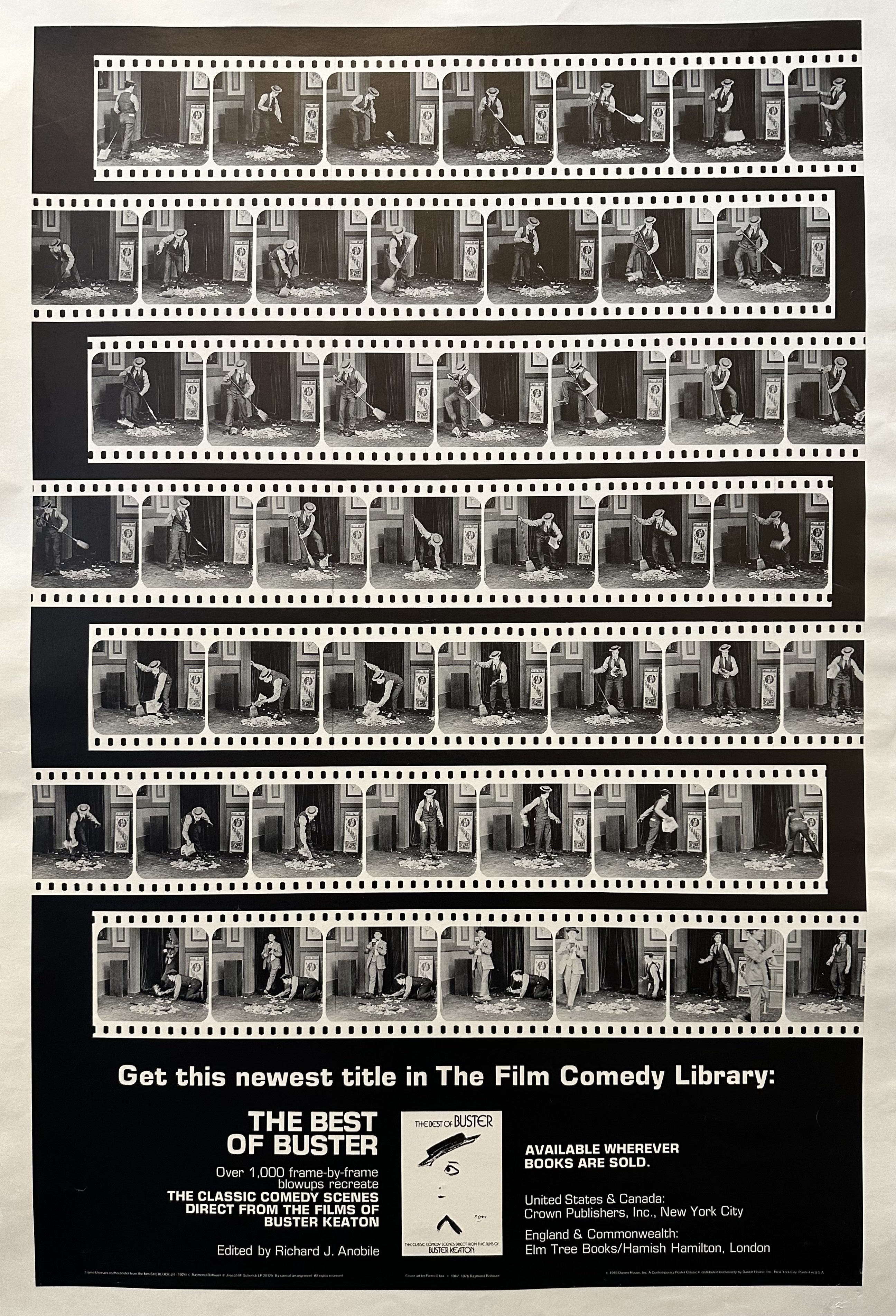 A vintage advertisement for The Best of Buster from The Film Comedy Library, featuring a collage of frame-by-frame images of Buster Keaton in various comedic scenes from his films.