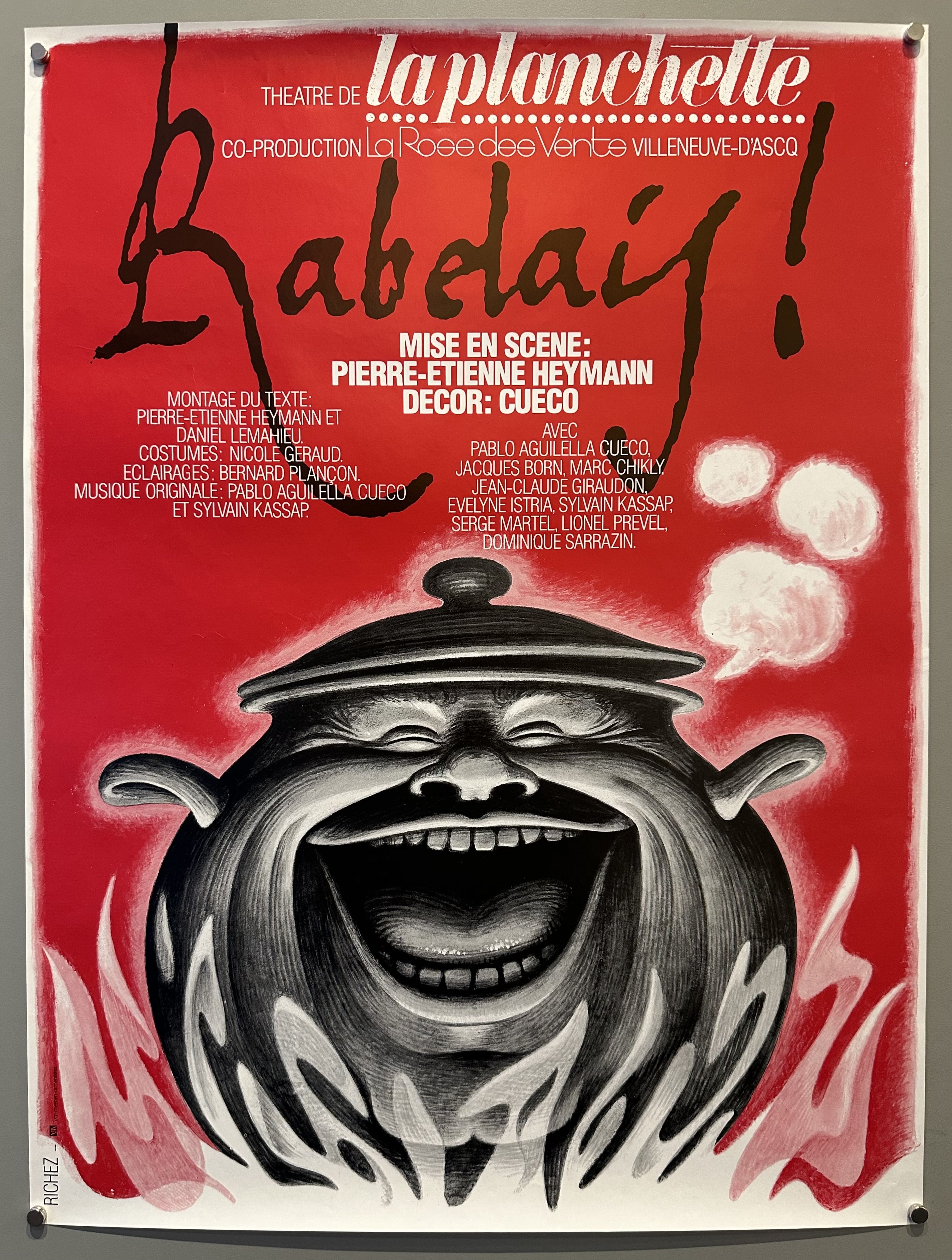 A cartoon teapot laughs underneath the title and production details of 'Rabelais!', a play at the Theatre de la planchette.
