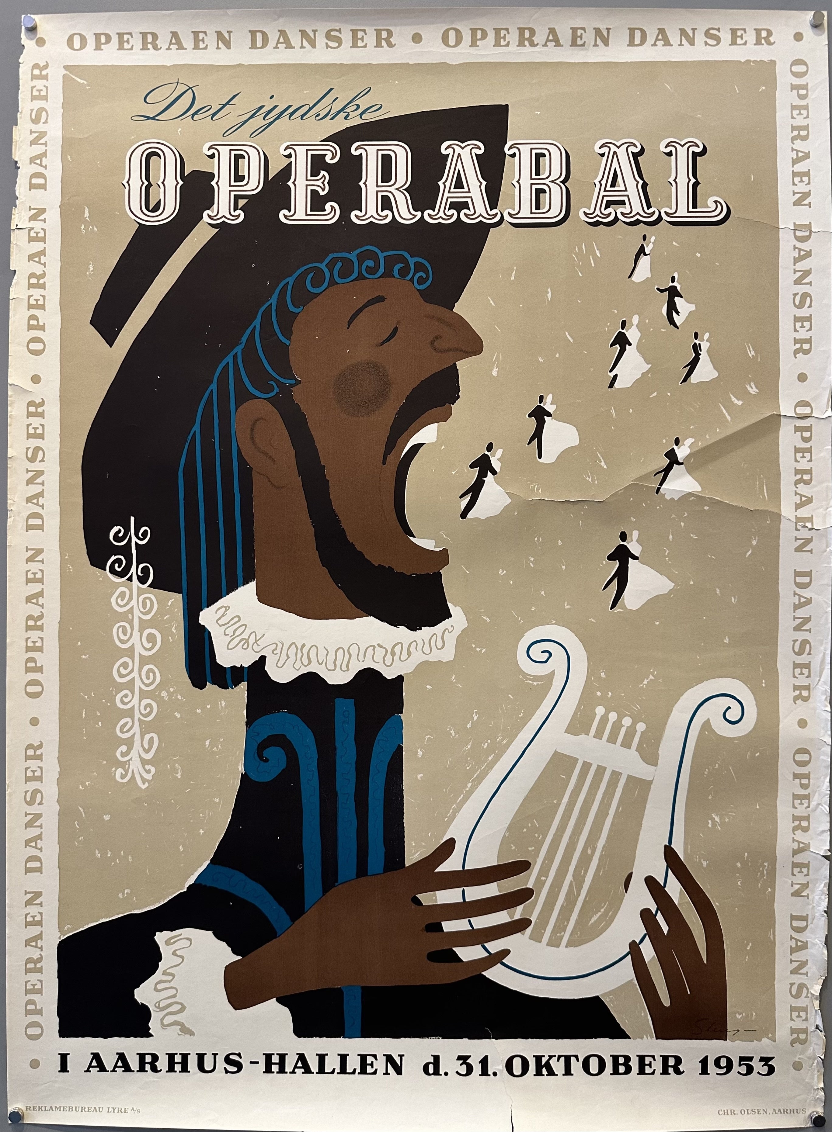 A man plays the lyre and sings with his mouth wide open in this poster advertising the Det jydske Operabal in Aarhus, Denmark.