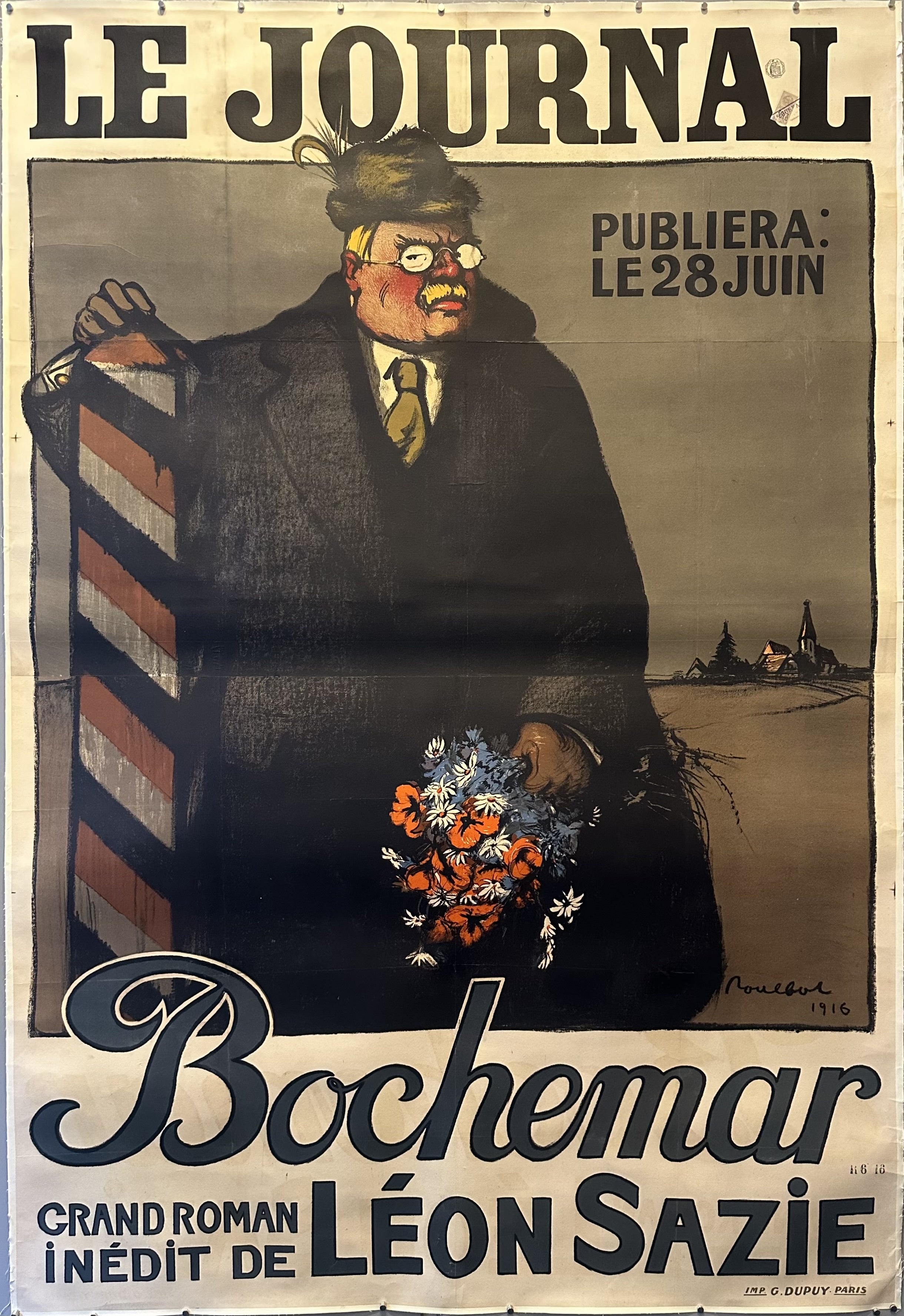 A man holding flowers eyes the viewer suspiciously in this poster for 'Bochemar', a novel by Leon Sazie.