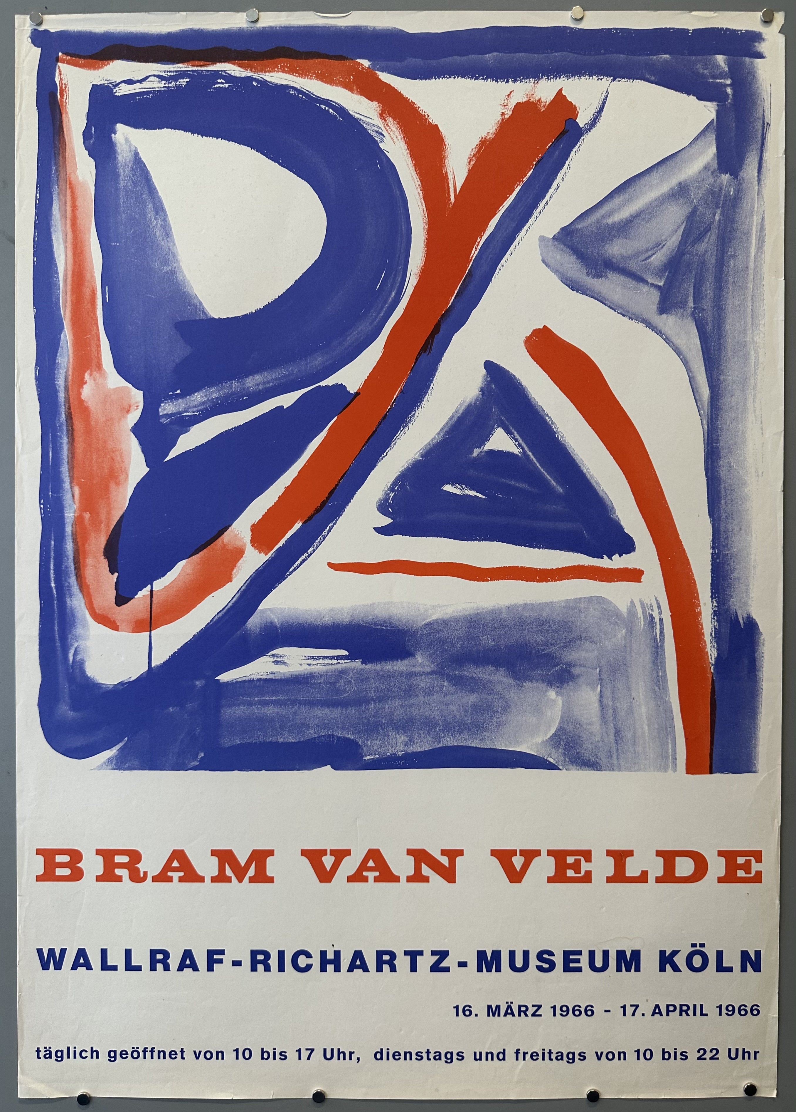 This poster advertises an exhibition of the artist Bram van Velde at the Wallraf-Richartz-Museum in Cologne, Germany, held from March 16 to April 17, 1966.