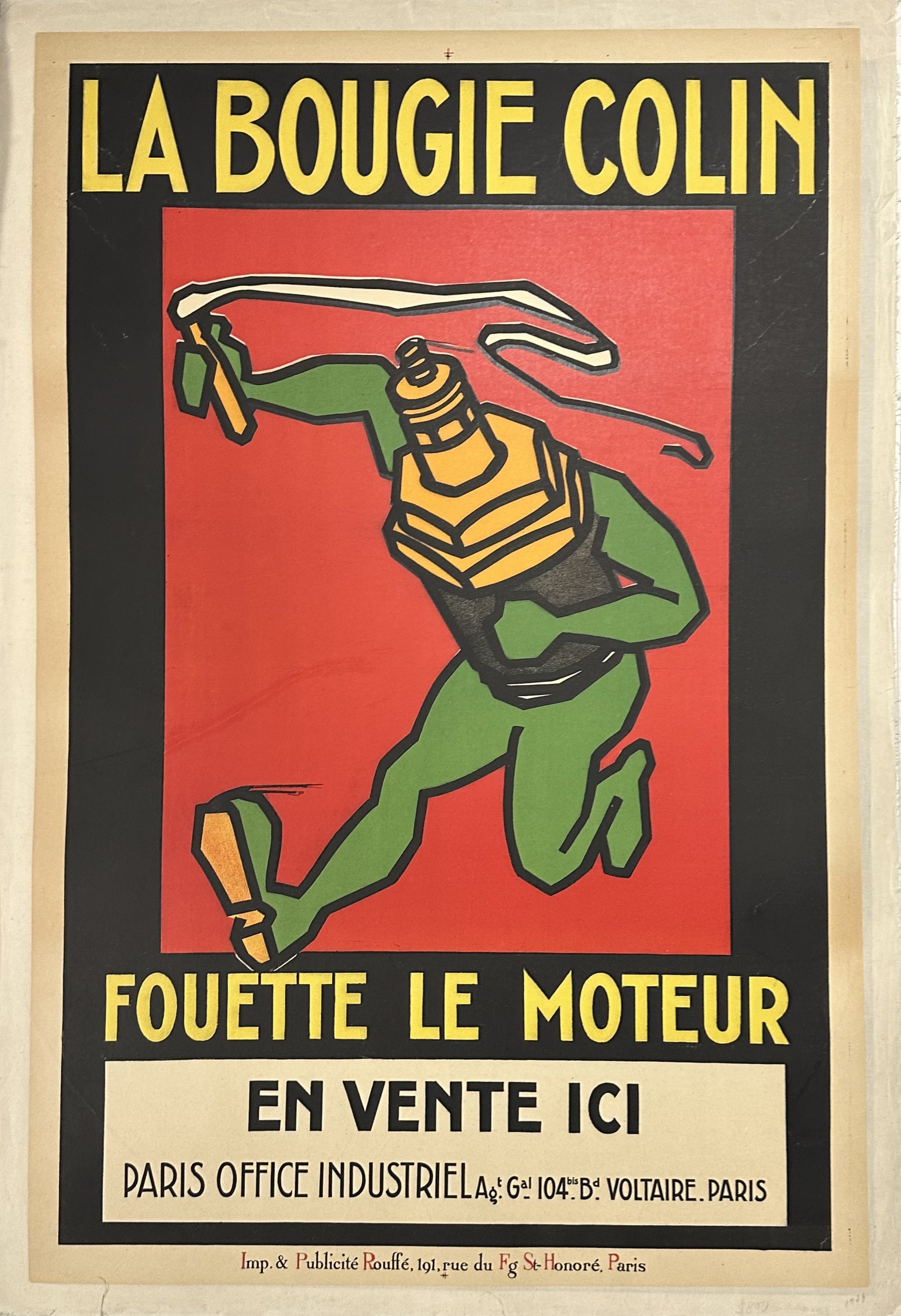 Personified illustration of a spark plug running against a red background with yellow text above and below.