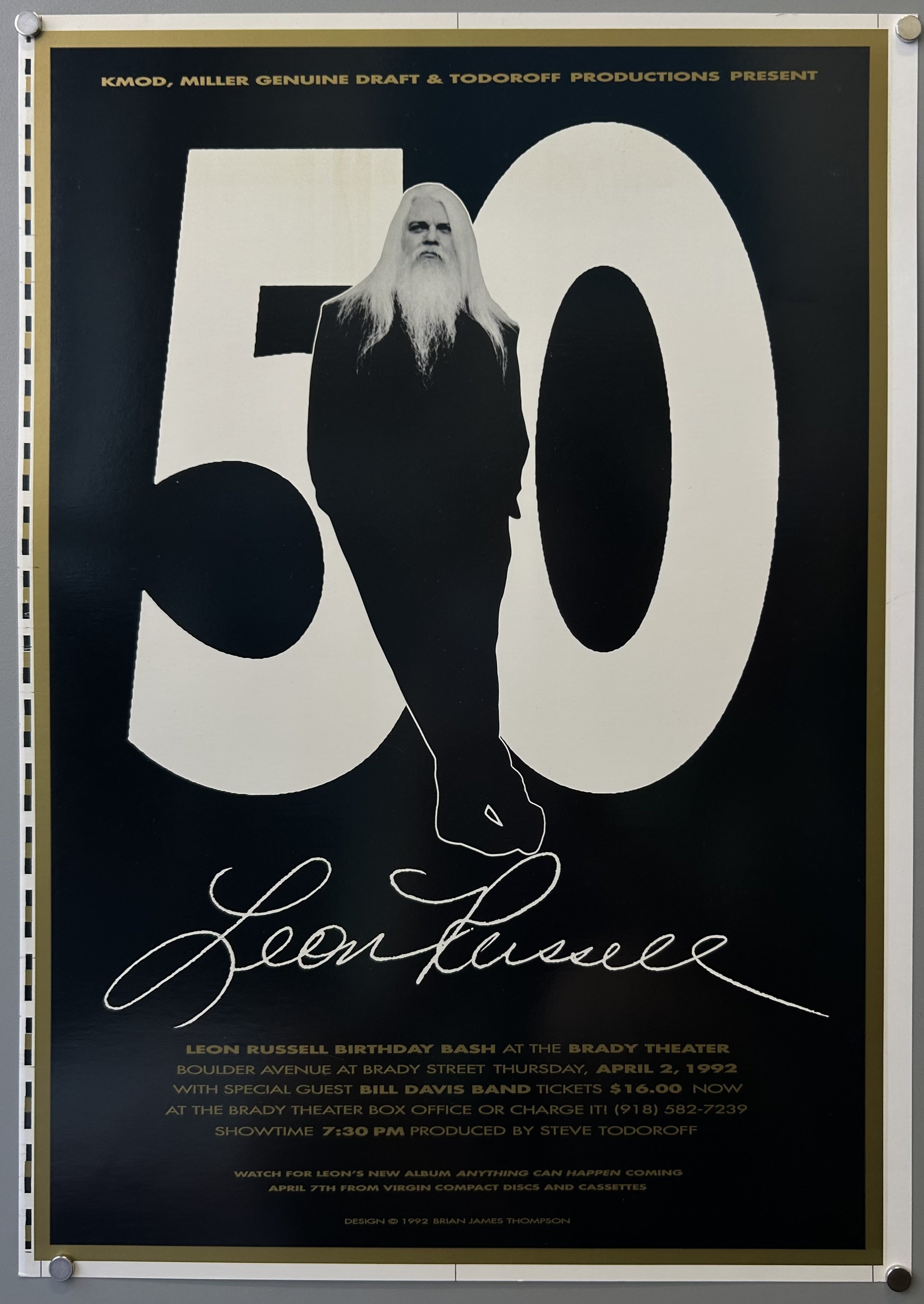 The poster also promoted Leon Russell's new album, "Anything Can Happen," which was set to be released on April 7th from Virgin Compact Discs and Cassettes.