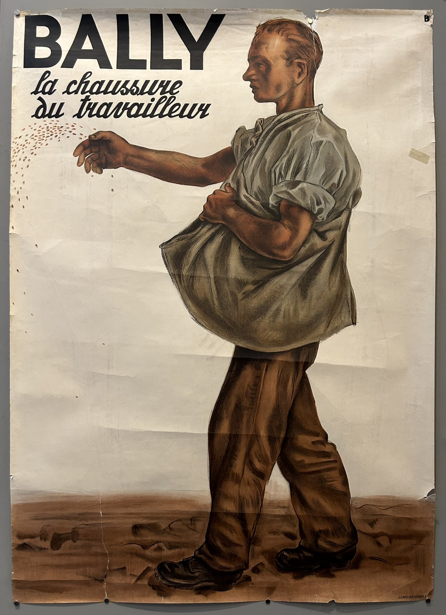 The poster is a vintage advertisement for Bally shoes, specifically promoting "Bally: la chaussure du travailleur" (Bally: the worker's shoe)