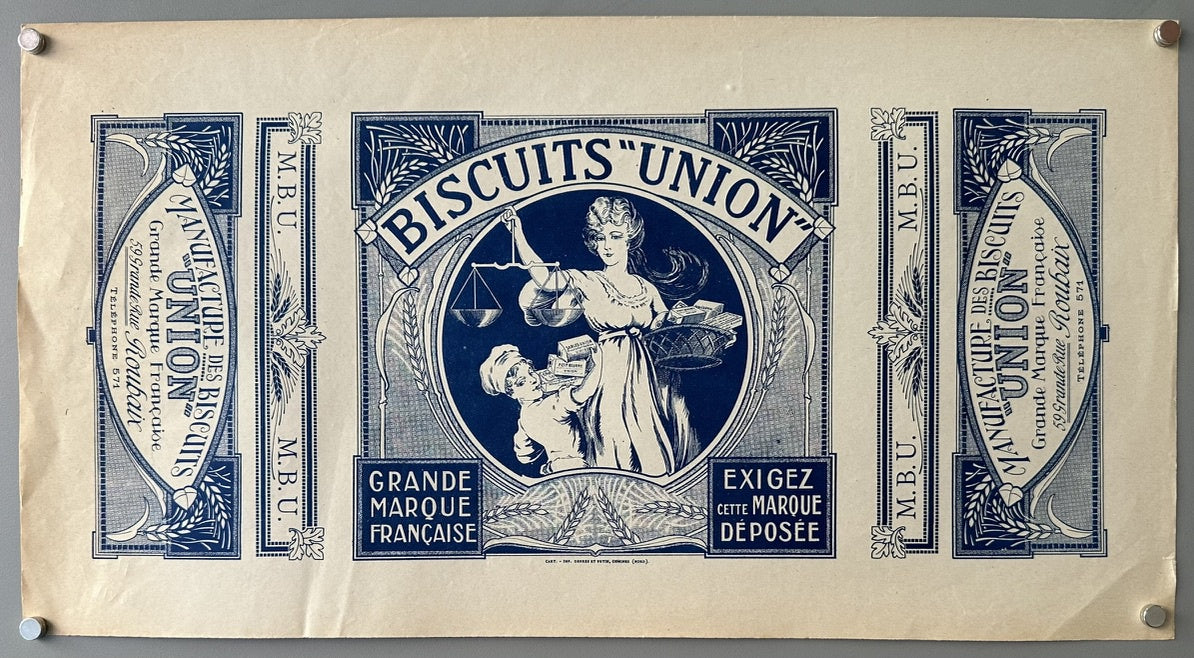 A vintage French advertisement label for "Biscuits Union" featuring a central illustration of a woman holding scales and a basket of biscuits, with a child reaching for a biscuit.