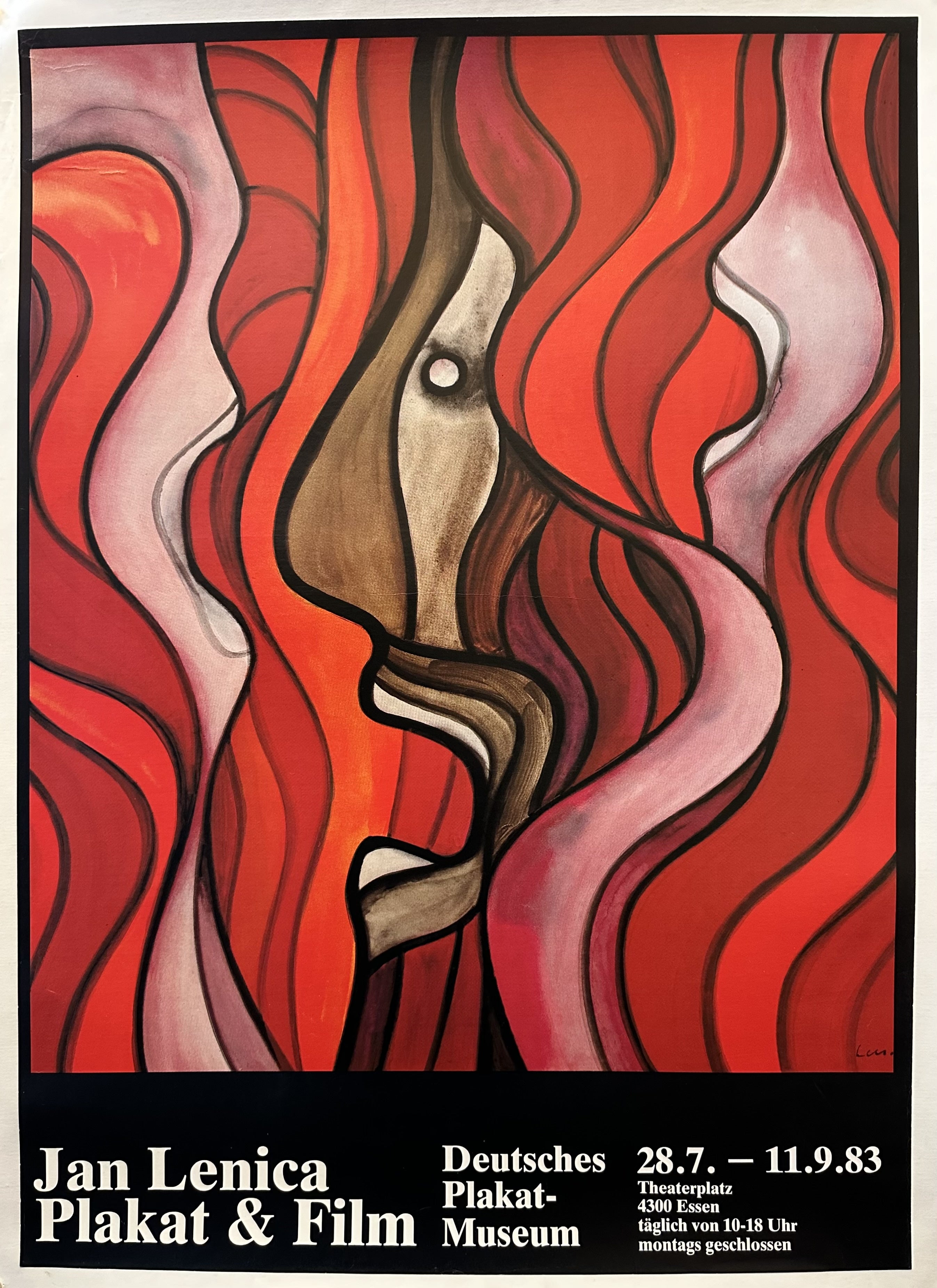 The poster showcases a stylized abstract face in red, surrounded by swirling lines. It reads, "Jan Lenica  Plakat & Film Deutsches Plakat-Museum 28.7. - 11.9.83."