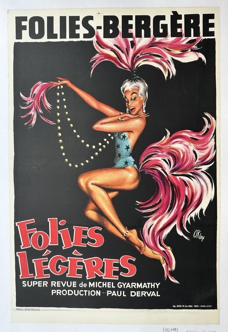 Vintage poster for Folies Bergère's "Folies Légères" revue, featuring a dancer with elaborate pink feather costume.