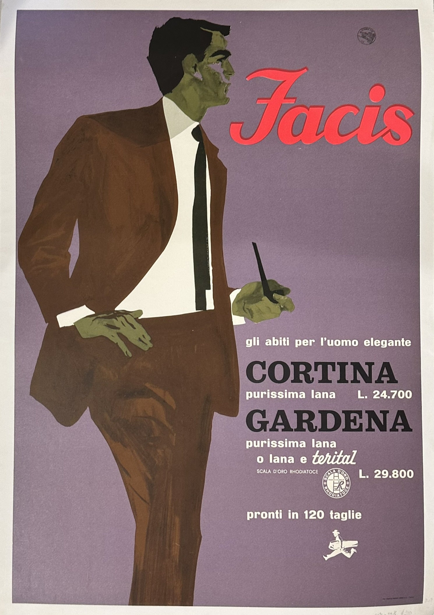 This is an original vintage Italian advertising poster for Facis, a men's fashion company, specifically promoting their "Cortina" and "Gardena" lines.