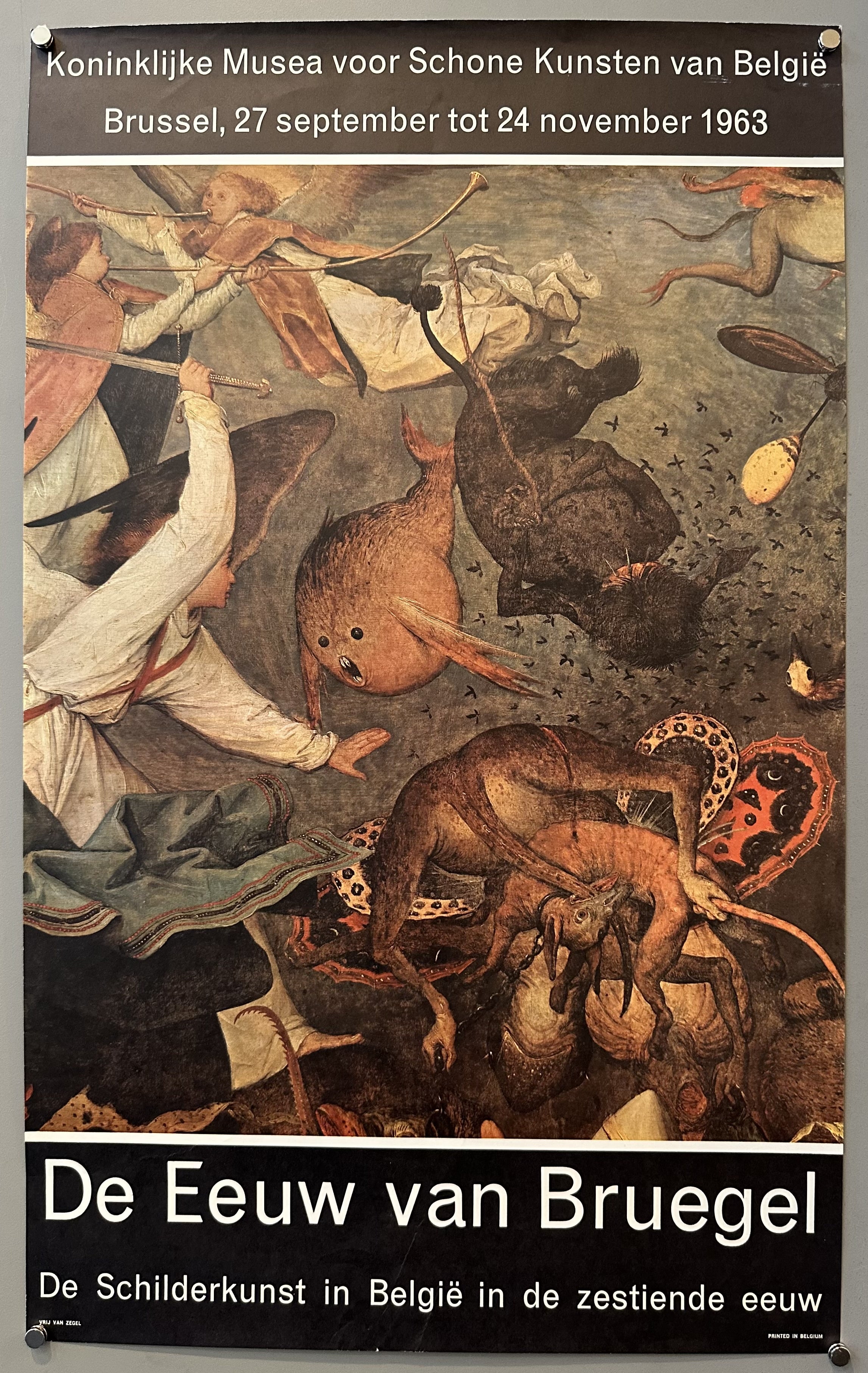 The poster advertises "De Eeuw van Bruegel" (The Age of Bruegel), an exhibition of 16th-century Belgian painting held at the Royal Museums of Fine Arts of Belgium in Brussels from September 27 to November 24, 1963.