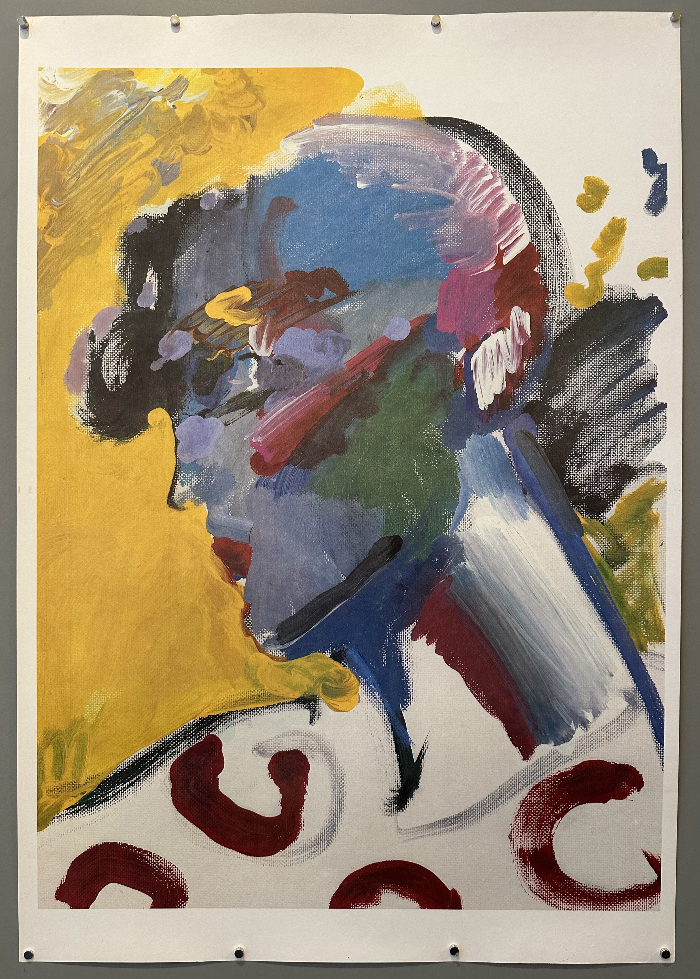 Print of Peter Max's 'Palm Beach Lady' which includes a woman's side profile created from multicolor brush strokes against a yellow backdrop.