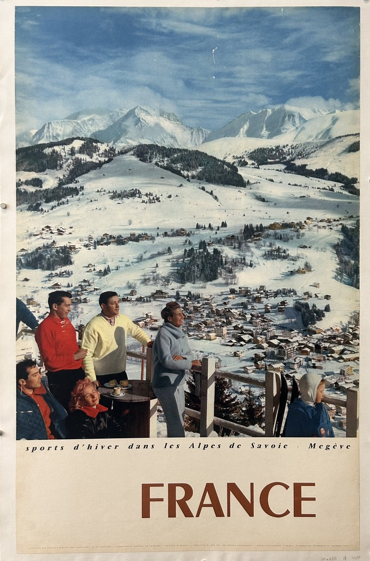 This particular poster, titled "France - Megève," was designed by Serrailler and issued by the French Government to promote winter tourism in the Alps of Savoie, specifically highlighting the ski resort of Megève.