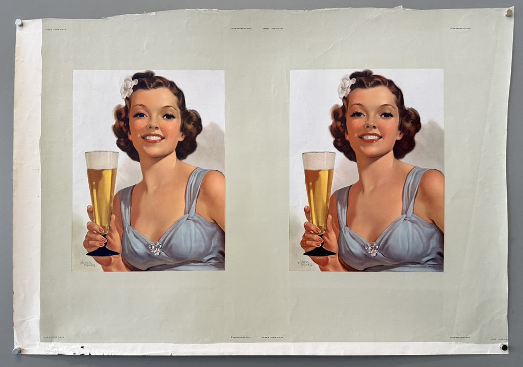 Grey background with two side-by-side images of a woman with dark, curly hair and a white flower in her hair, wearing a light blue dress. She is holding a tall glass of beer and smiling